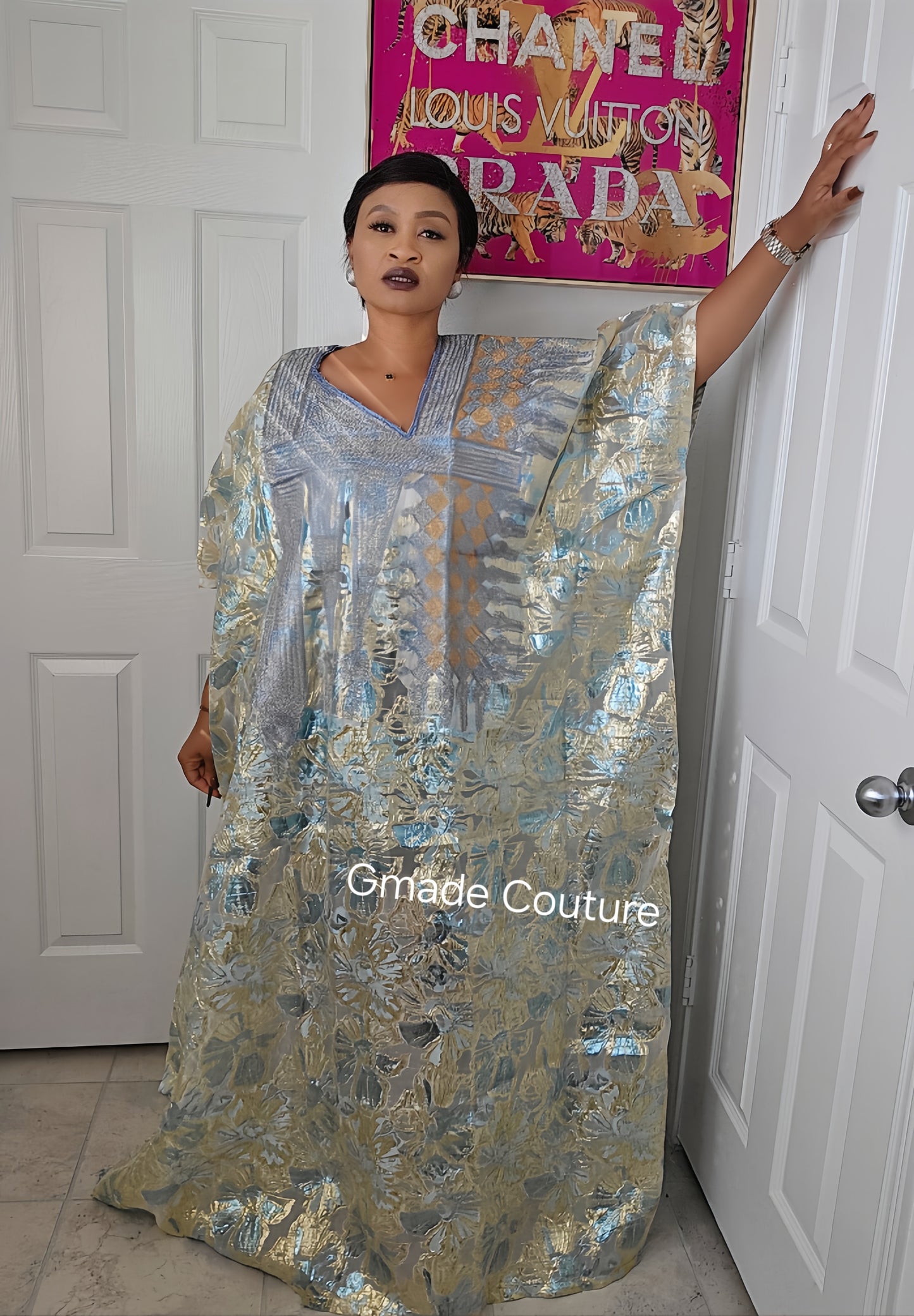 High Quality European Damask Brocade Cupion Agbada Rich Aunty Luxurious Agbada Bubu Maxi Dress Kaftan Dress fully embroidered with Matching Scarf