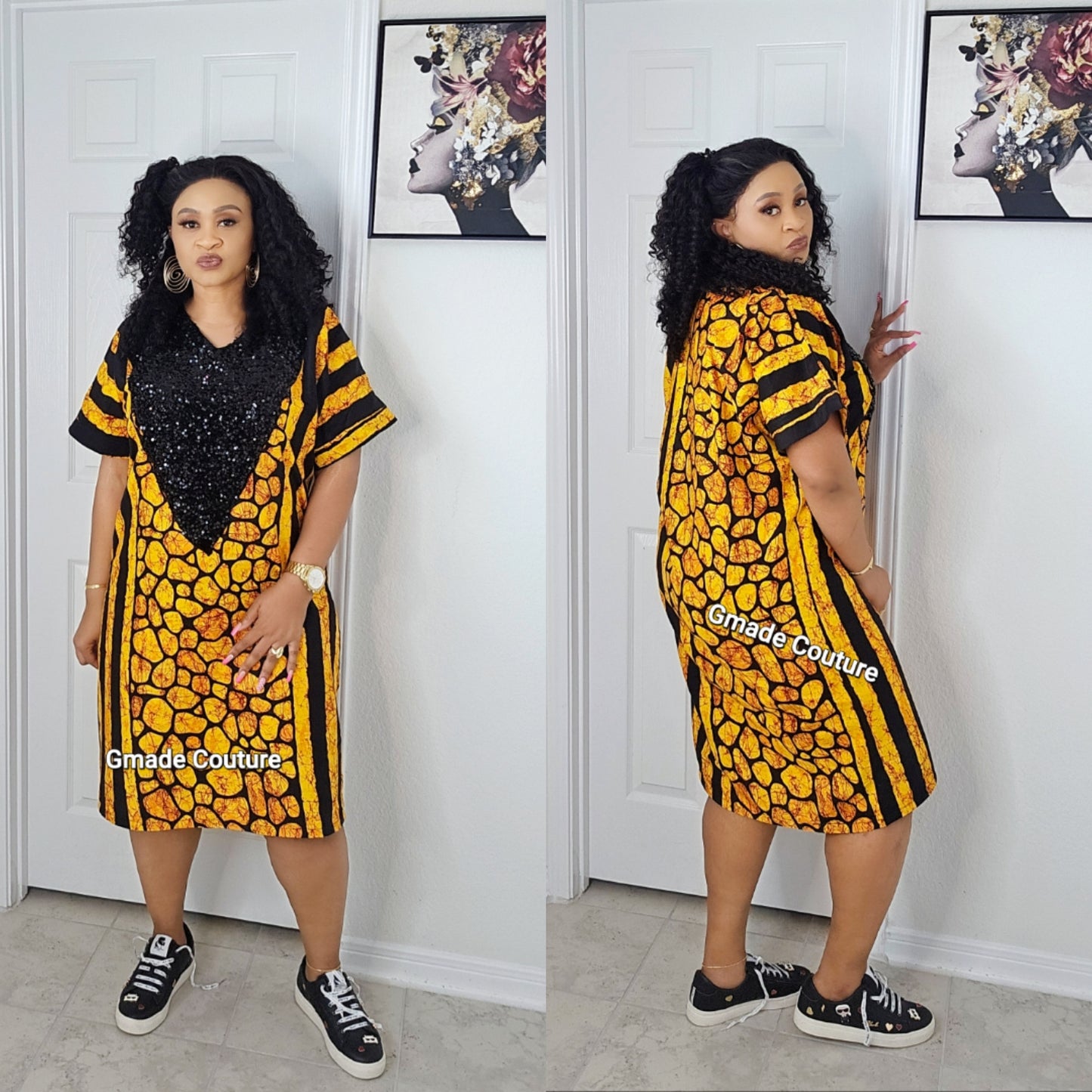 Kam-Kam Two Toned Premium Ankara Print Patch Dress with sequins Neckline