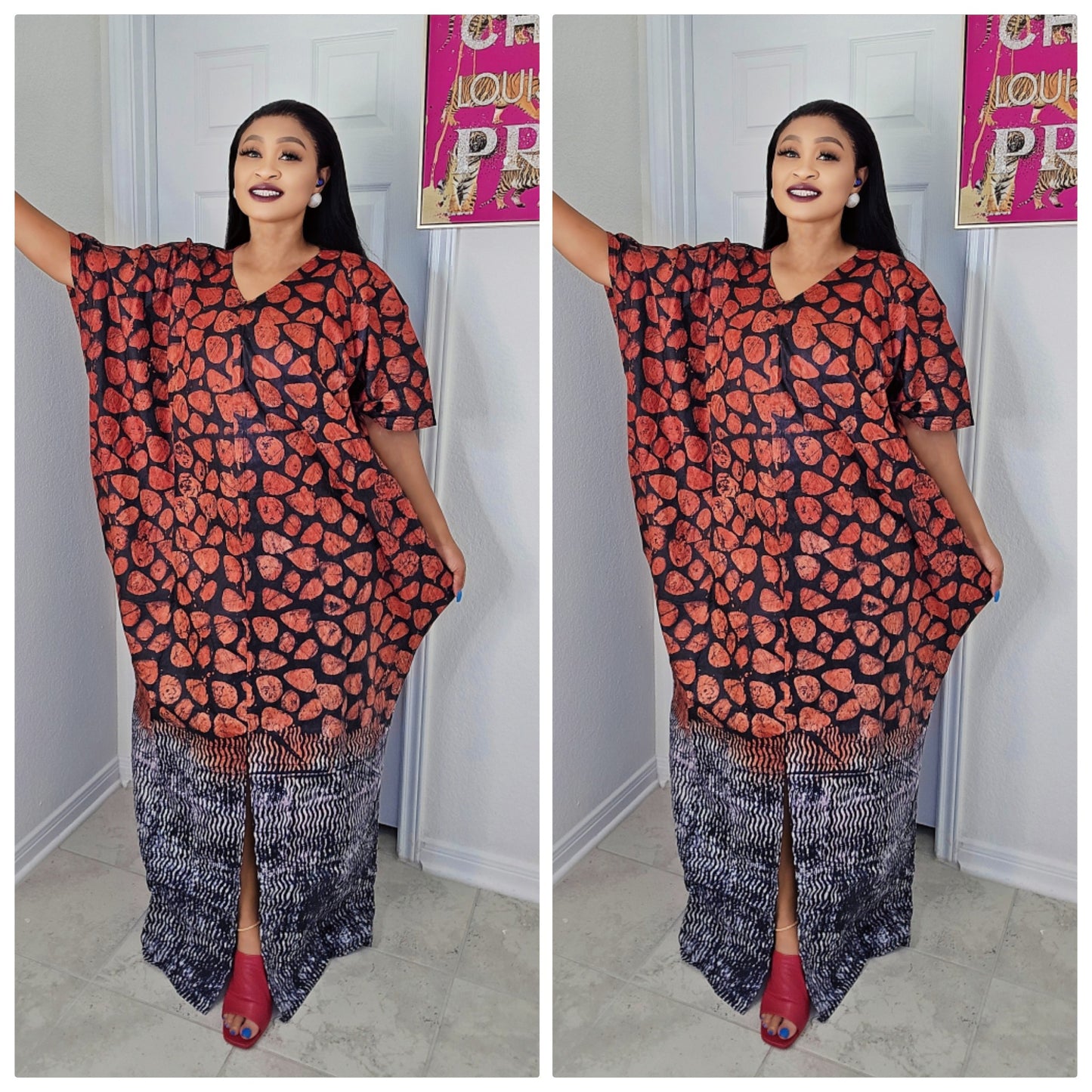 Oma Ankara Bubu Dress-Mini Agbada Two-Tone Adire premium with Front Cut with Matching Scarf