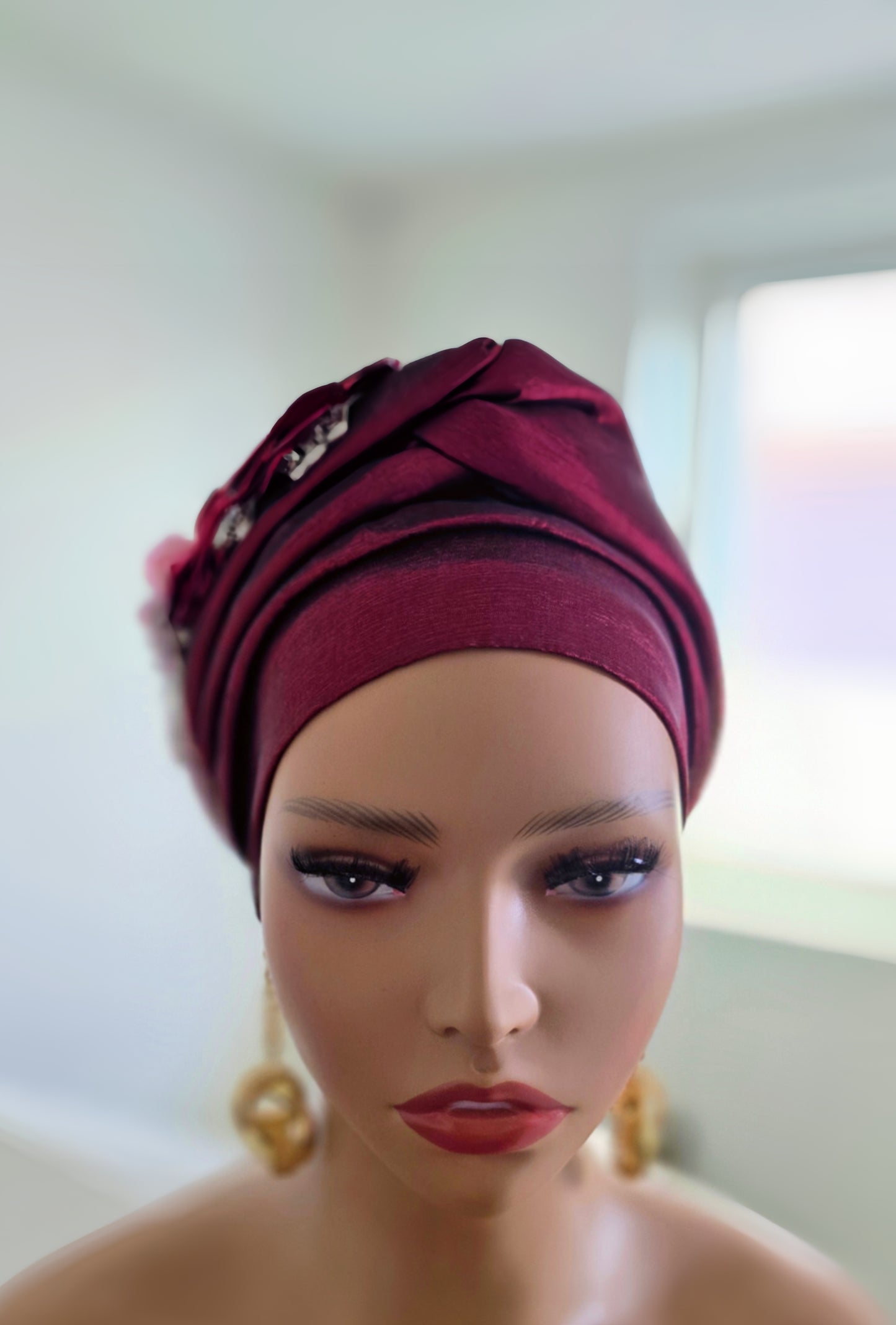 READY TO WEAR TAFETTA TURBAN GELE CAP WITH KNOT UP-DO EMBELLISHED WITH RHINESTONES AND ROSE PETALS
