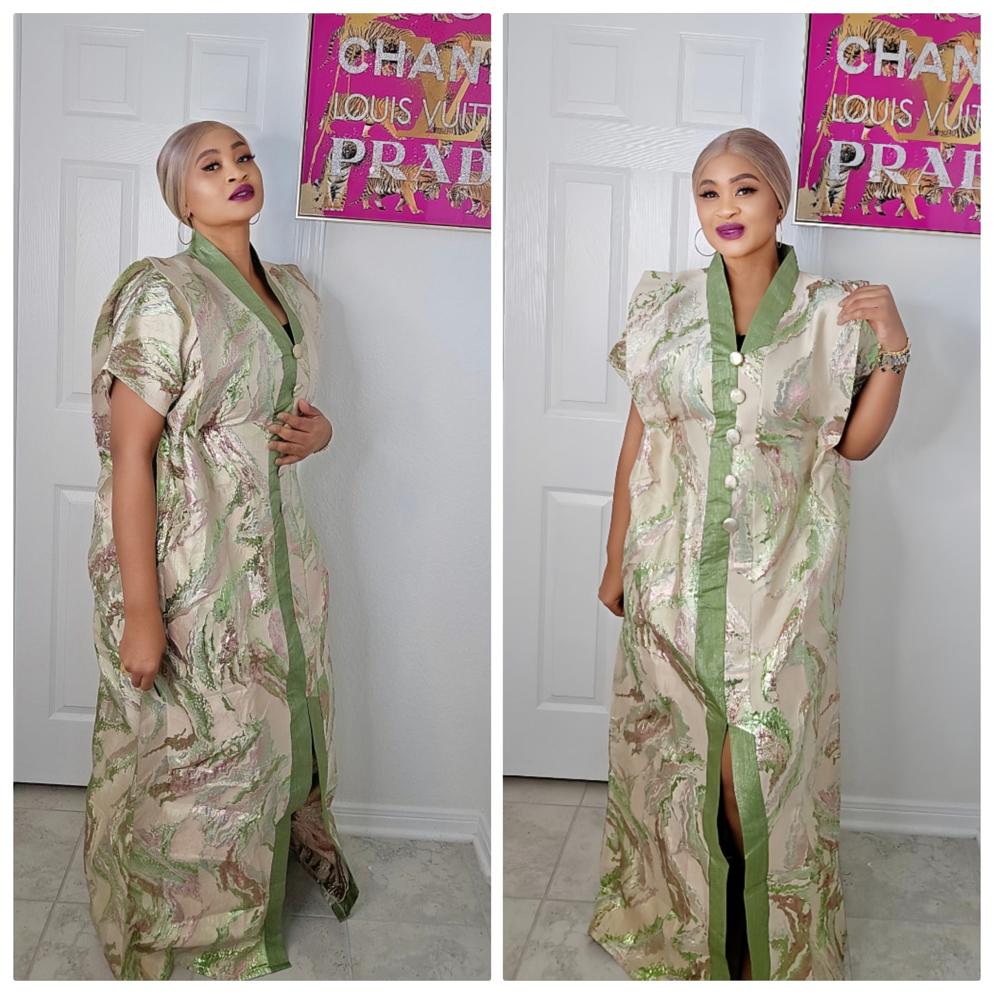 European Rich Aunty Luxurious Brocade Agbada Bubu Maxi Dress Kaftan Dress With A Contrast Neck line and Matching scarf