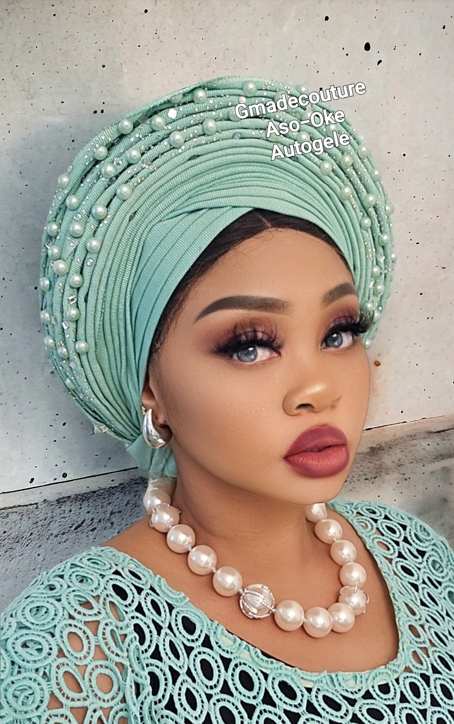 V-CUT LUXURY AUTOGELE ASO OKE BEADED HEADTIE ONLY WITH LACE, PEARLS AND STONE GLITTERS