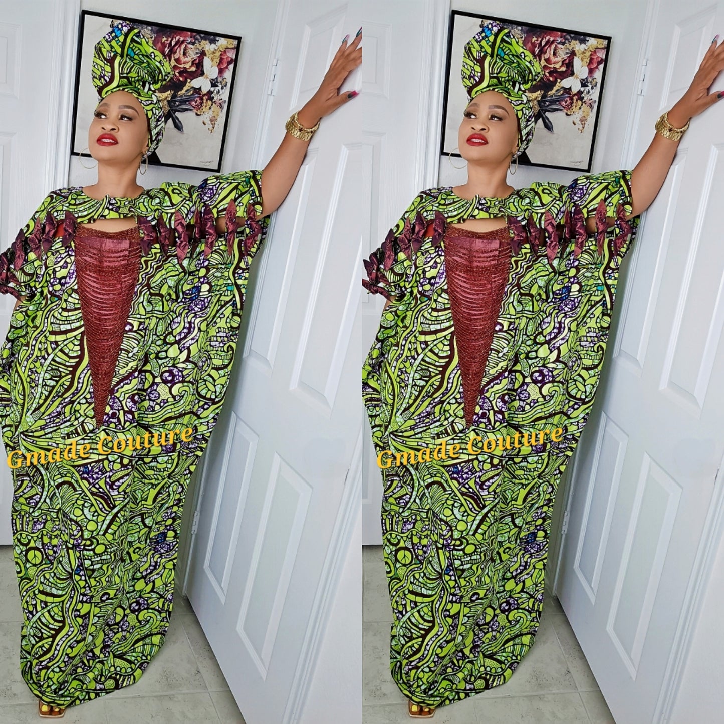 Imade Rich Aunty Luxurious High Quality Embellished Beaded Ankara with Crystals Agbada Bubu Maxi Dress Kaftan Dress with Matching Scarf