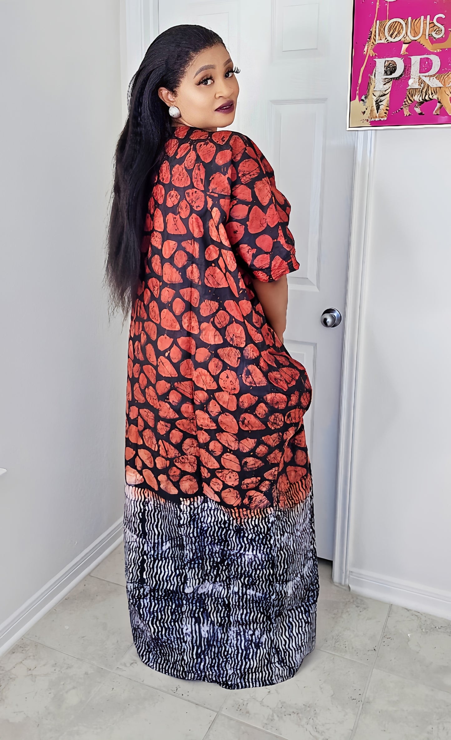 Oma Ankara Bubu Dress-Mini Agbada Two-Tone Adire premium with Front Cut with Matching Scarf