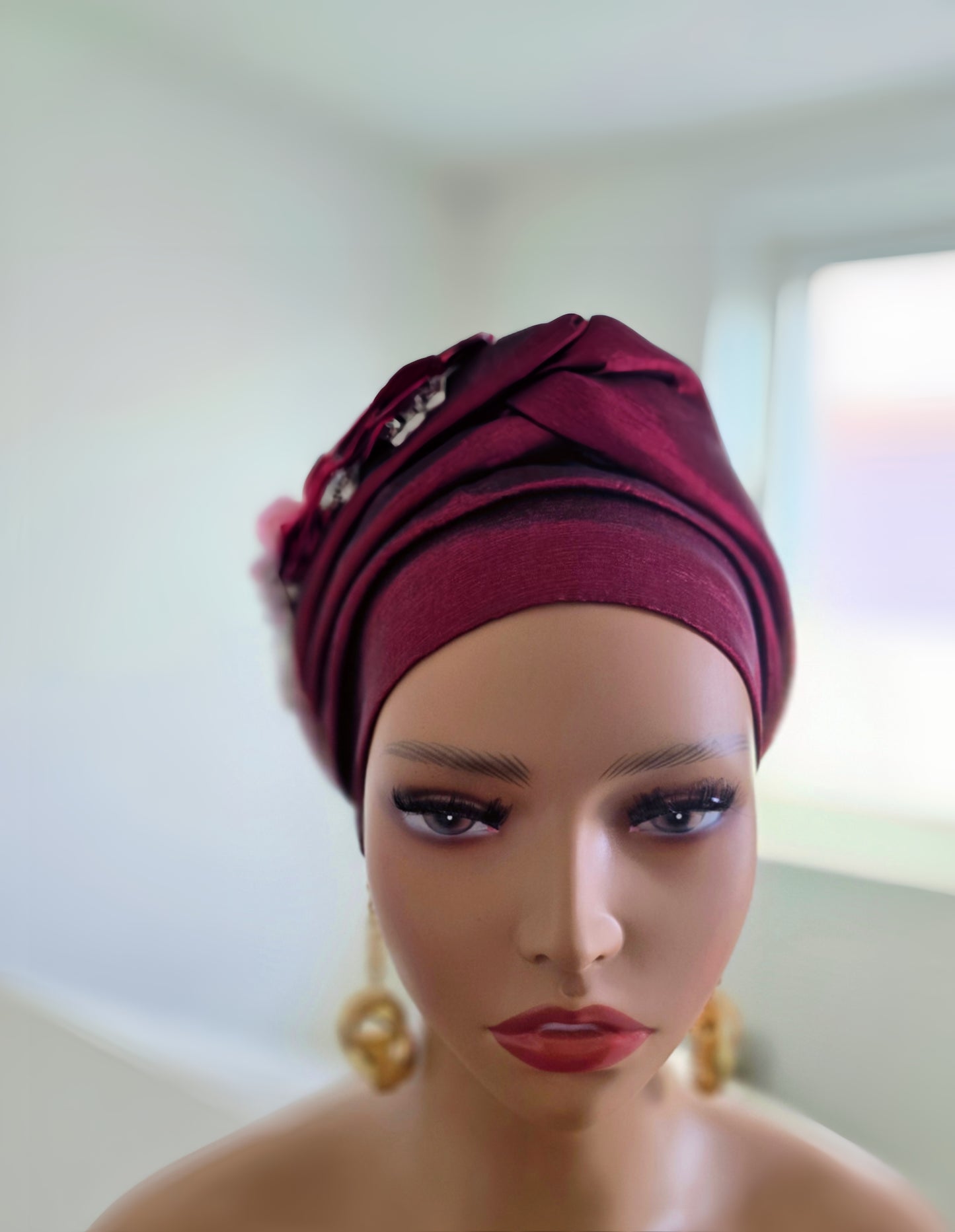 READY TO WEAR TAFETTA TURBAN GELE CAP WITH KNOT UP-DO EMBELLISHED WITH RHINESTONES AND ROSE PETALS