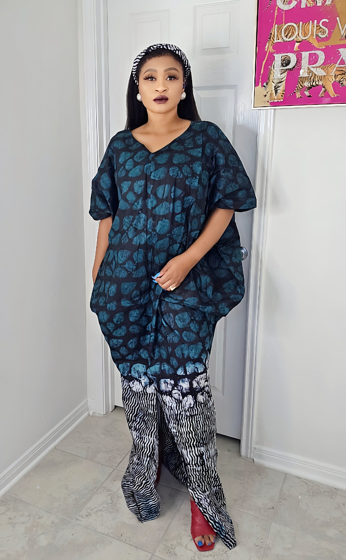 Oma Ankara Bubu Dress-Mini Agbada Two-Tone Adire premium with Front Cut with Matching Scarf