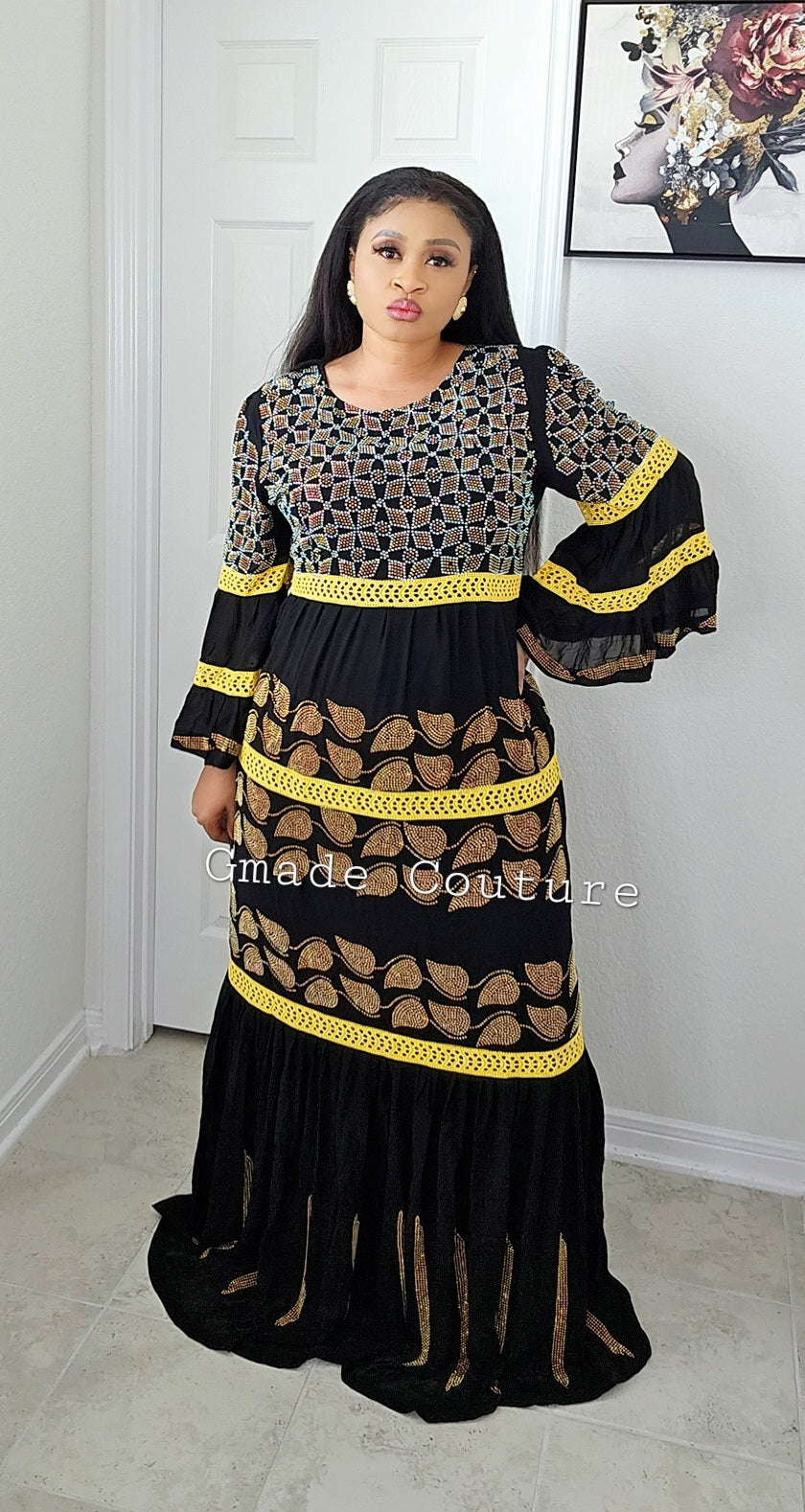 Fancy Million stones kaftan with flare sleeve