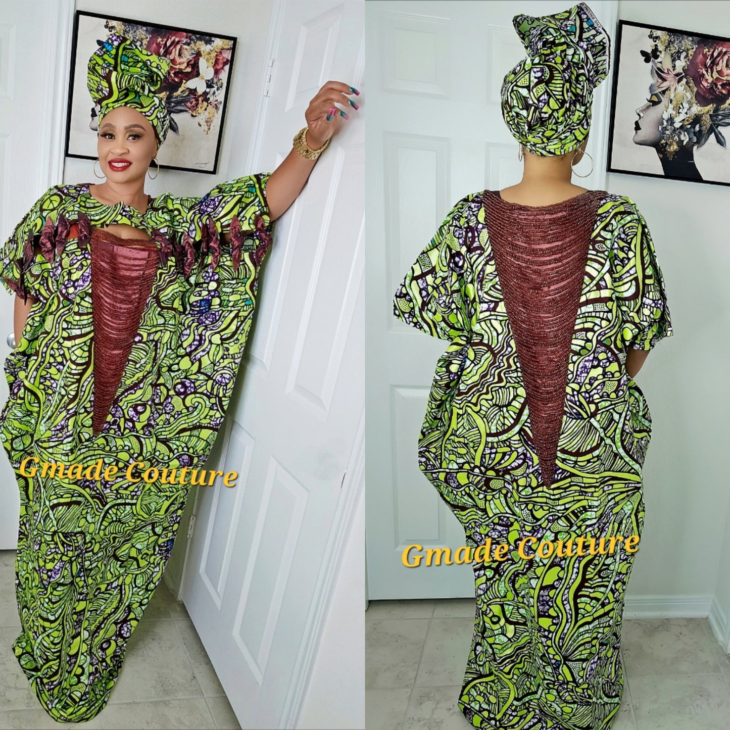 Imade Rich Aunty Luxurious High Quality Embellished Beaded Ankara with Crystals Agbada Bubu Maxi Dress Kaftan Dress with Matching Scarf