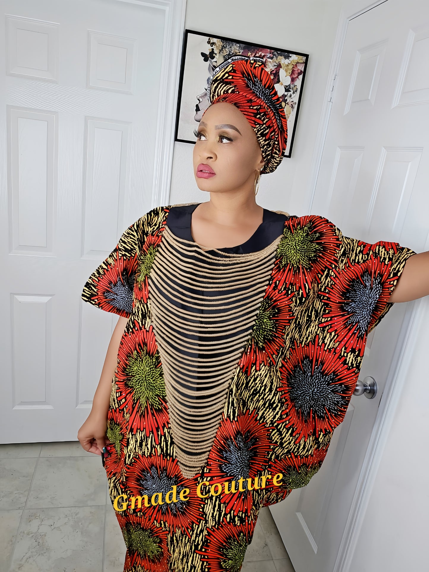 Imade Rich Aunty Luxurious High Quality Embellished Beaded Ankara with Crystals Agbada Bubu Maxi Dress Kaftan Dress with Matching Scarf