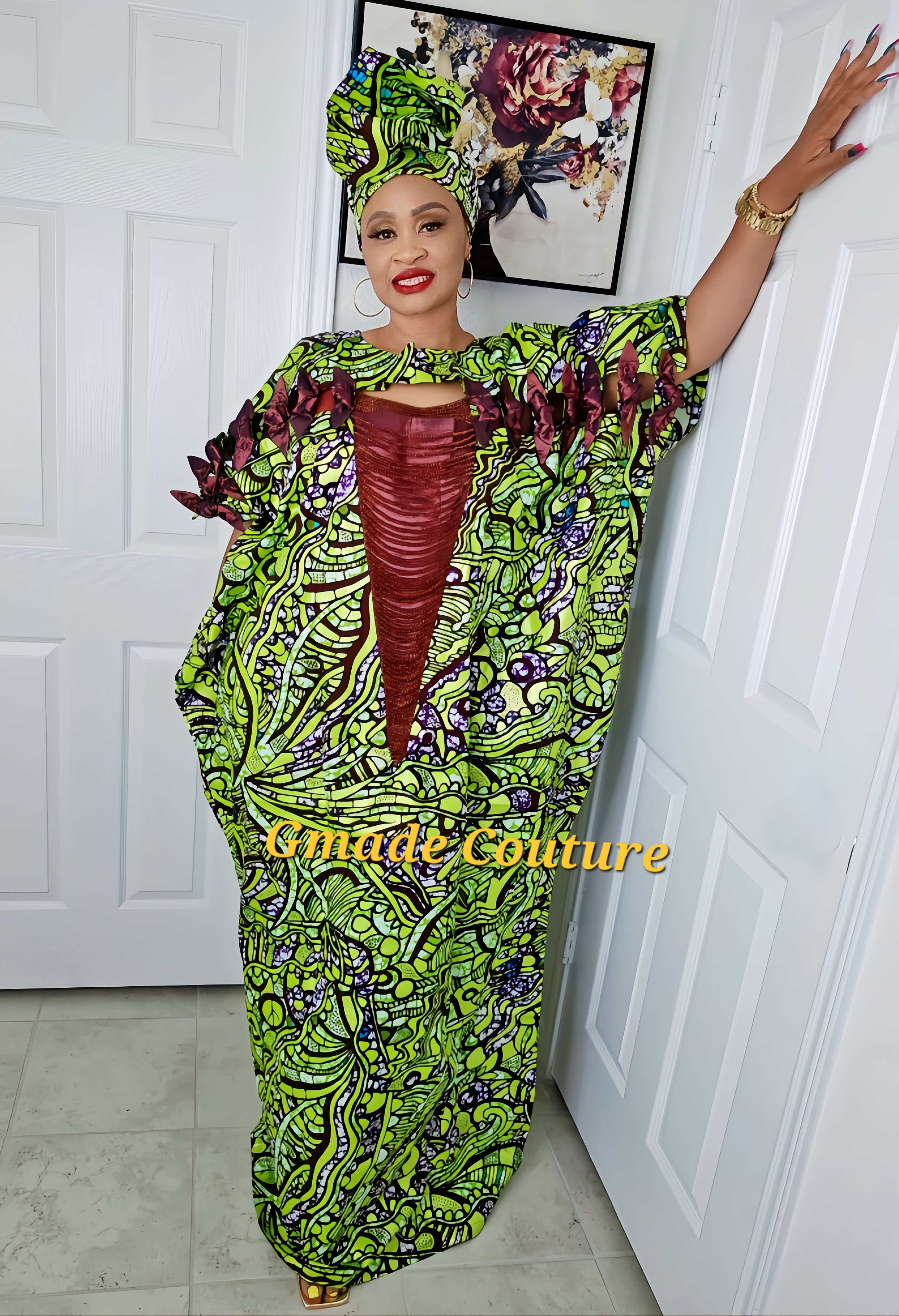 Imade Rich Aunty Luxury Beaded Ankara Agbada Bubu Kaftan with Matching Scarf.