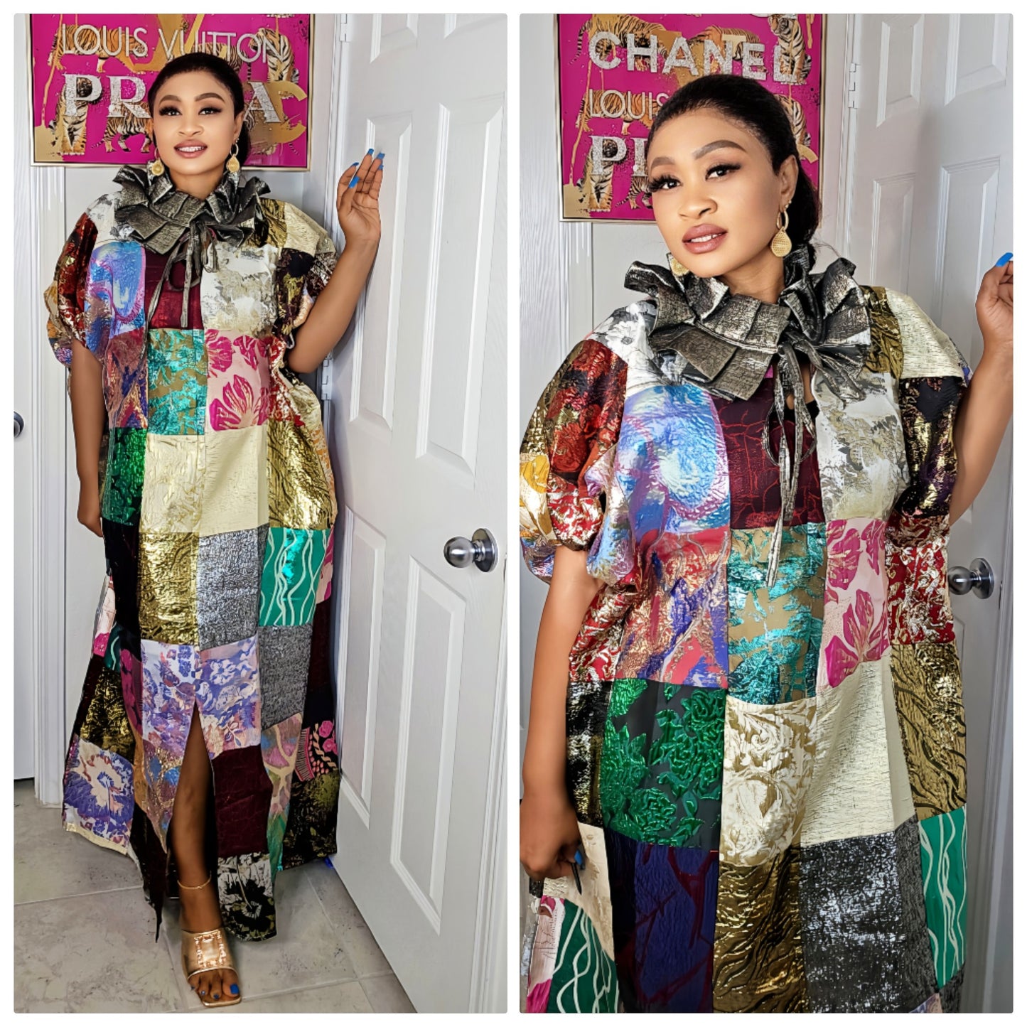 Patched Brocade Rich Aunty Luxurious Agbada Bubu Maxi Dress Kaftan Dress with Dramatic Neckline