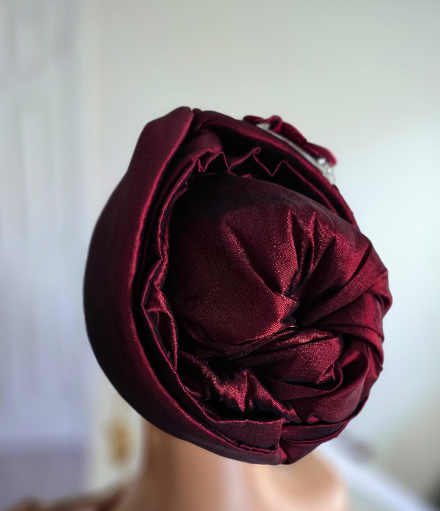 READY TO WEAR TAFETTA TURBAN GELE CAP WITH KNOT UP-DO EMBELLISHED WITH RHINESTONES AND ROSE PETALS