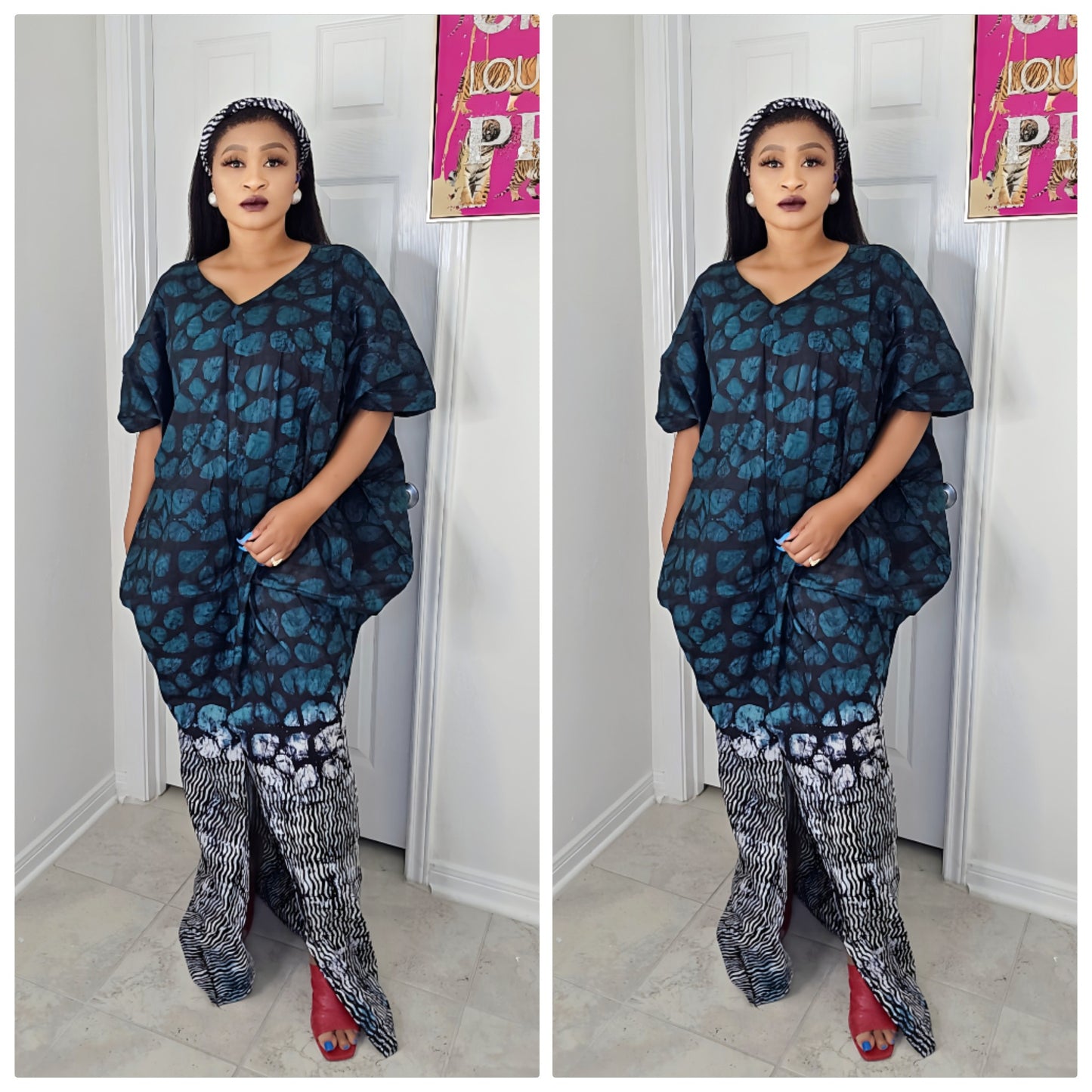 Oma Ankara Bubu Dress-Mini Agbada Two-Tone Adire premium with Front Cut with Matching Scarf