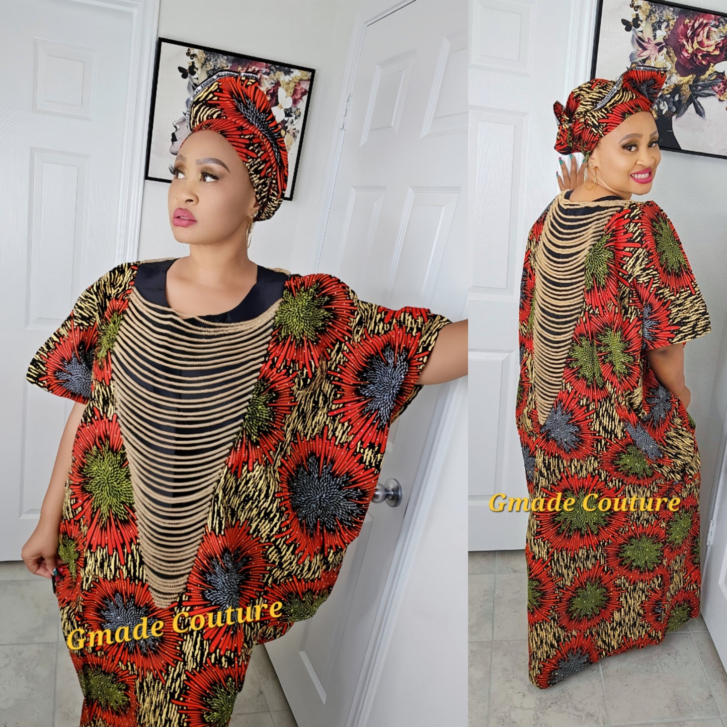 Imade Rich Aunty Luxurious High Quality Embellished Beaded Ankara with Crystals Agbada Bubu Maxi Dress Kaftan Dress with Matching Scarf