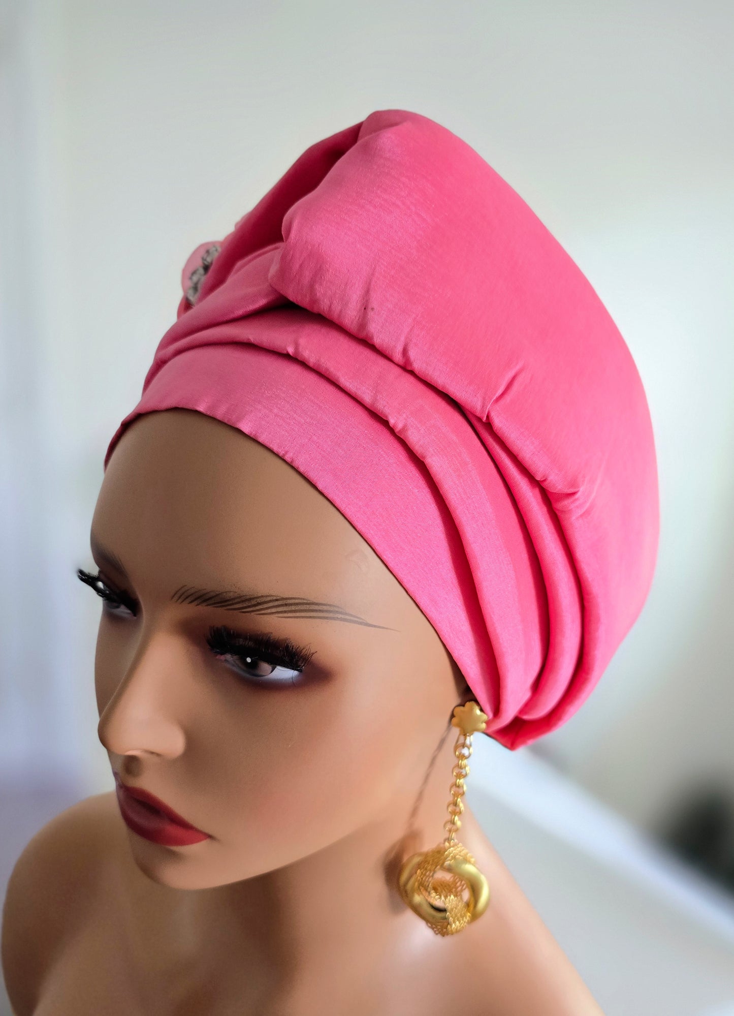 READY TO WEAR TAFETTA TURBAN GELE CAP WITH KNOT UP-DO EMBELLISHED WITH RHINESTONES AND ROSE PETALS