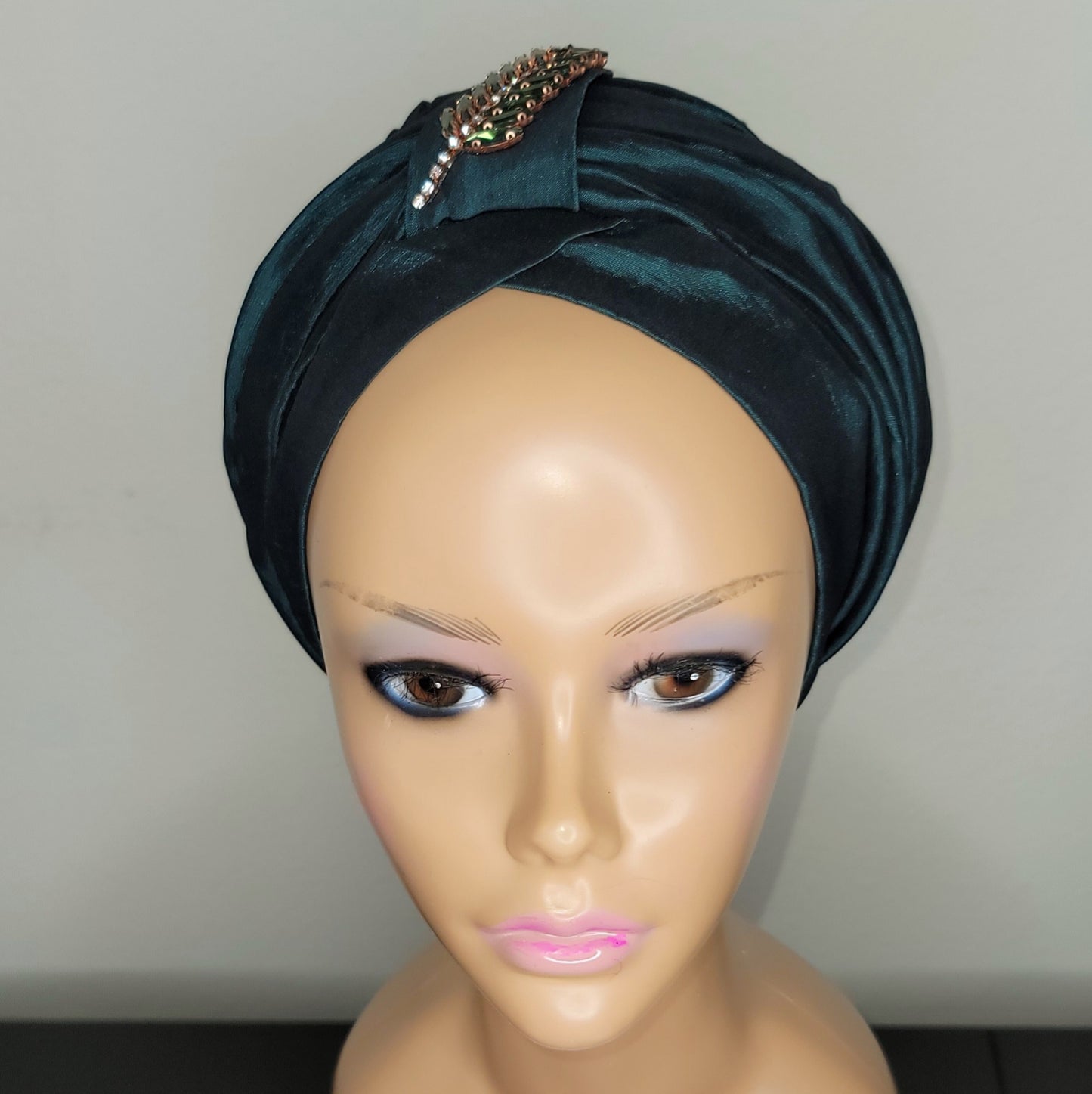 READY TO WEAR TAFETTA TURBAN CAP WITH SIDE LEAF UPDO -6