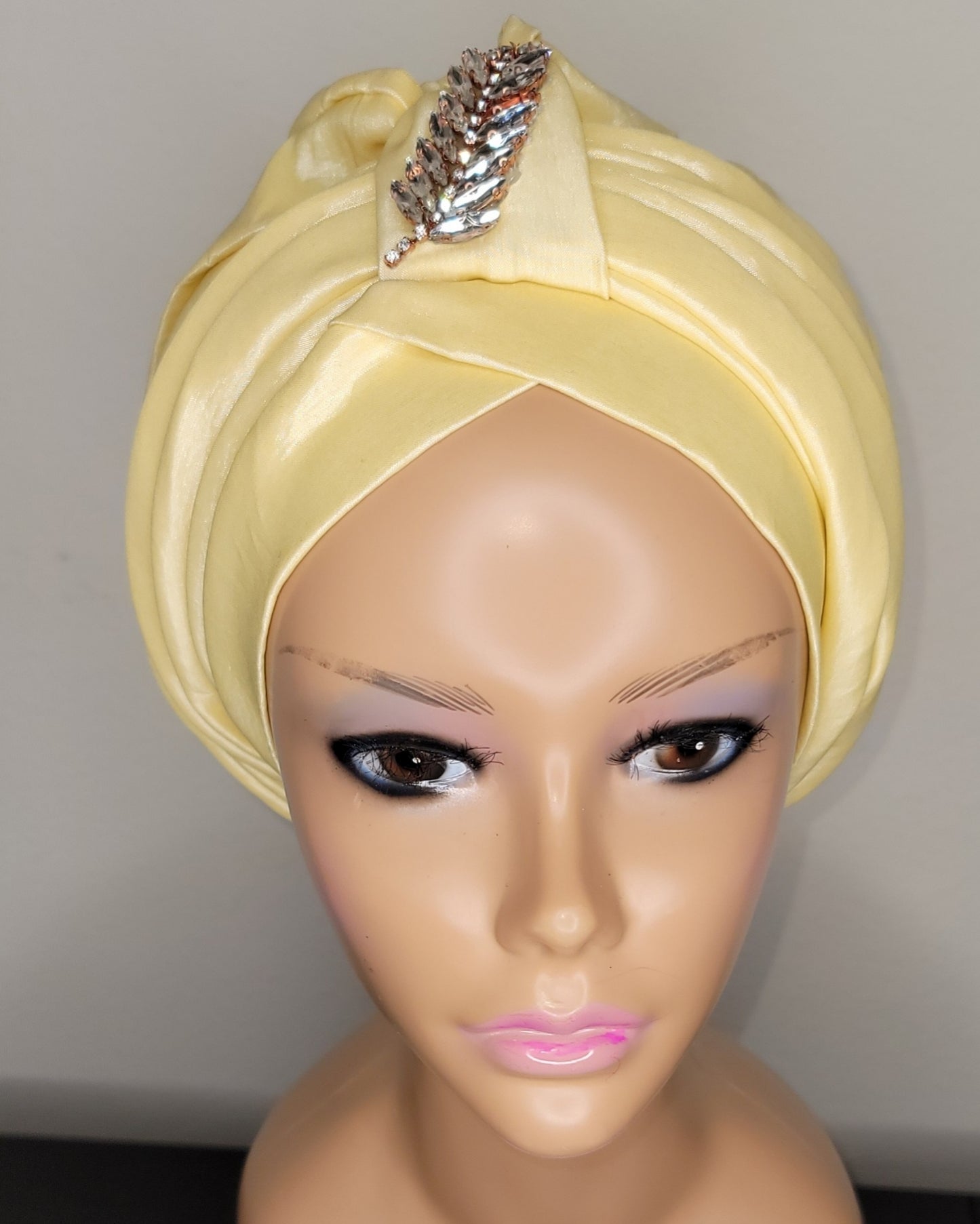 READY TO WEAR TAFETTA TUORBAN CAP WITH SIDE LEAF UPDO -5