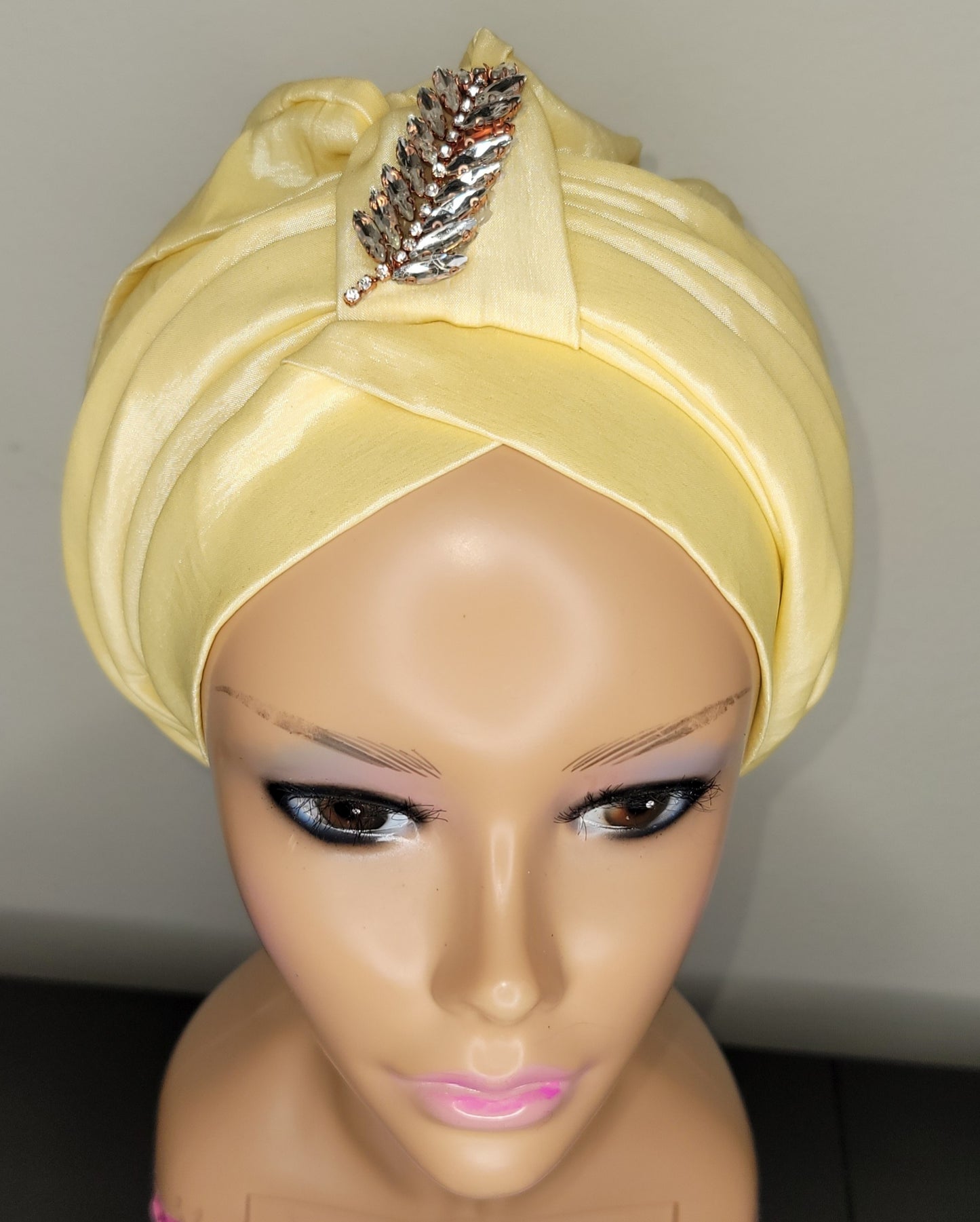 READY TO WEAR TAFETTA TUORBAN CAP WITH SIDE LEAF UPDO -5