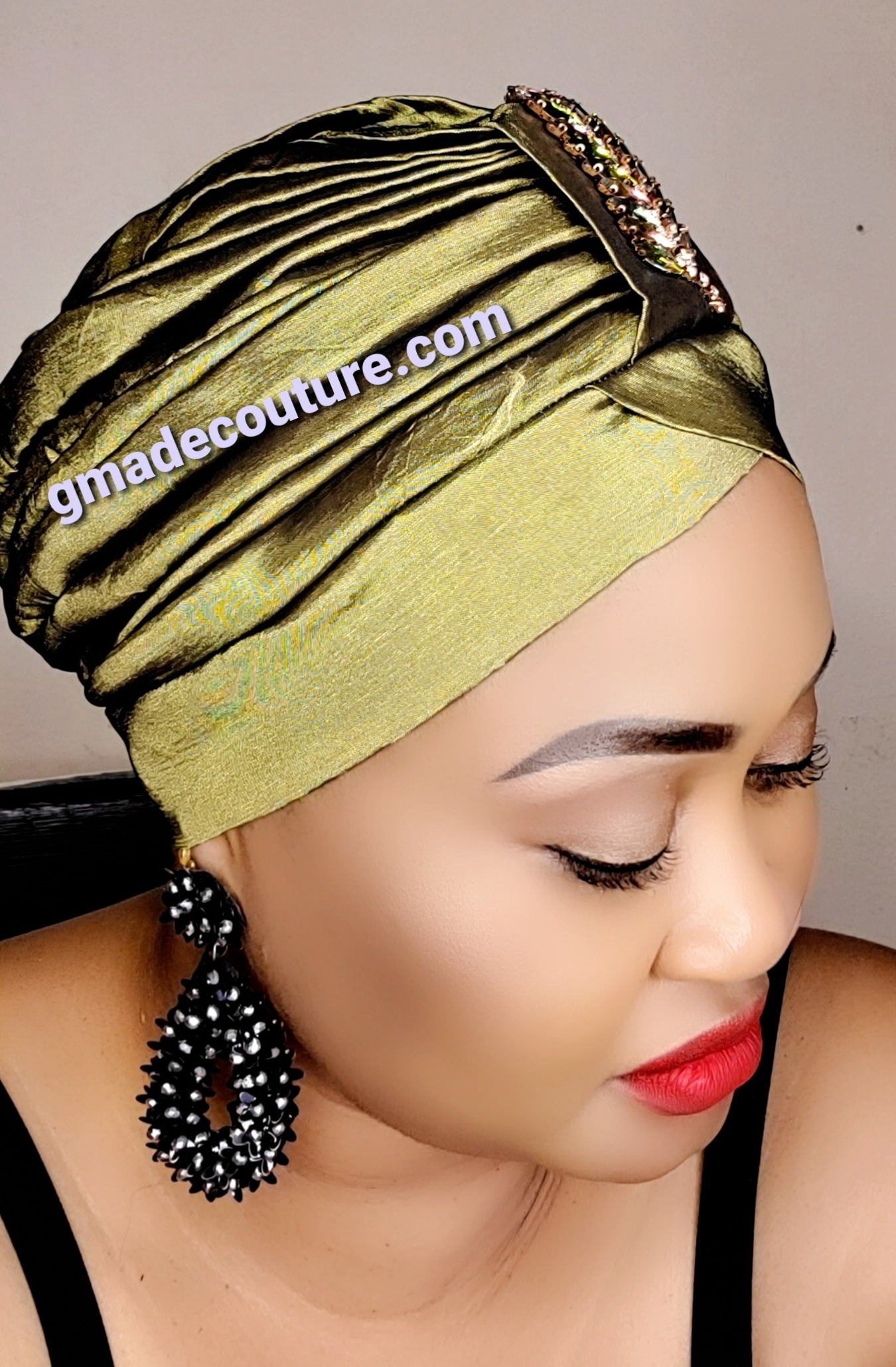 READY TO WEAR TAFETTA TURBAN CAP WITH SIDE LEAF UPDO -15
