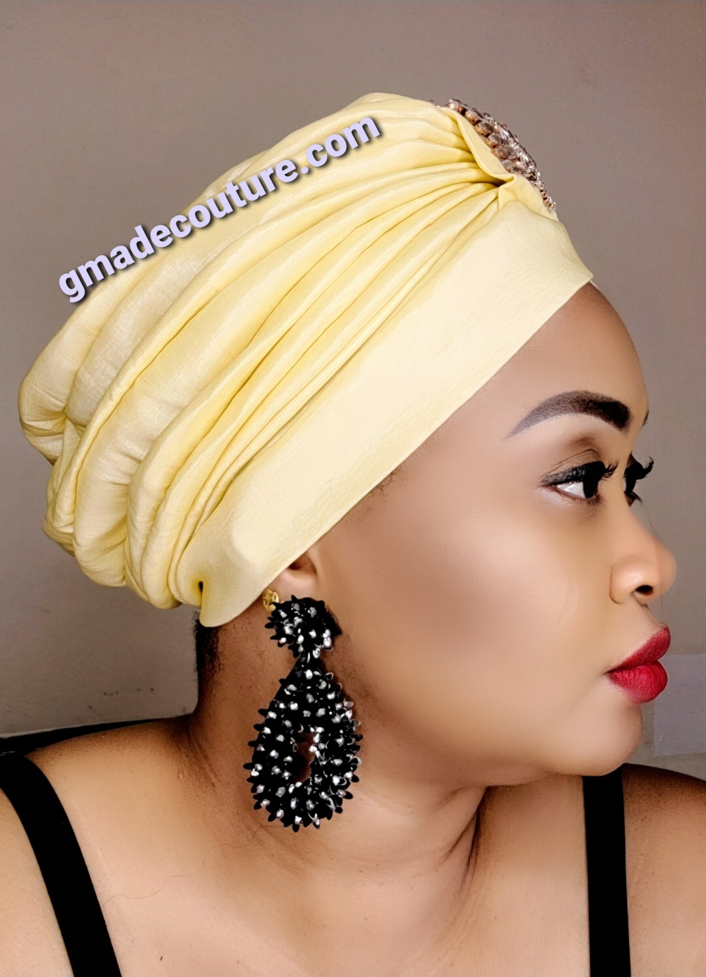 READY TO WEAR TAFETTA TUORBAN CAP WITH SIDE LEAF UPDO -5