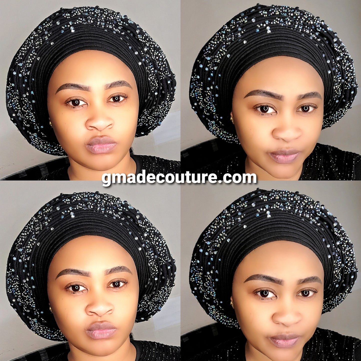 ROUND SHAPED LUXURY AUTOGELE ASO OKE BEADED HEADTIE ONLY WITH STONE GLITTERS AND PEARLS- Black