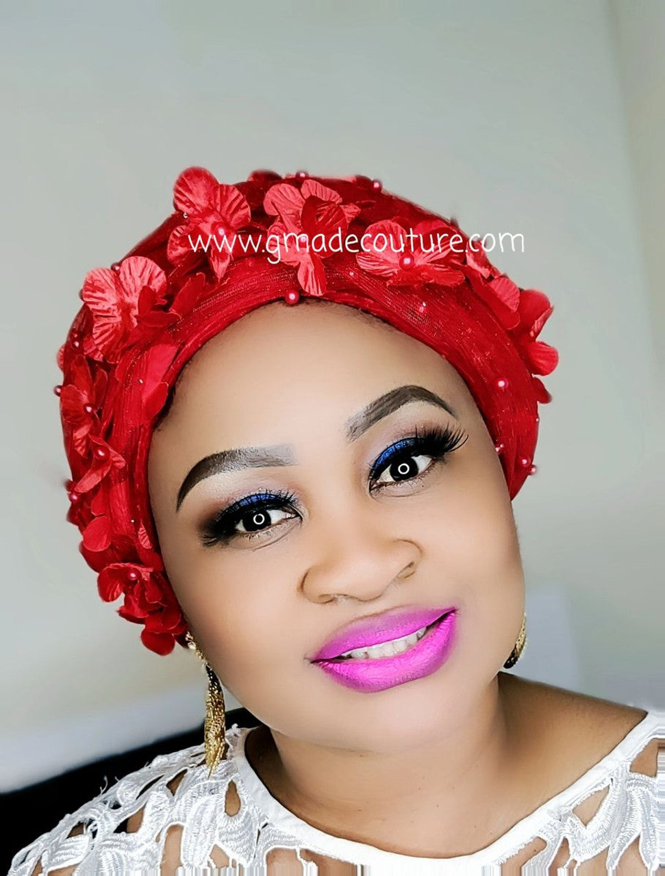 Celebrant Velvet Turban Cap/Headwrap with Fringe 3D Lace Fabric and glitters