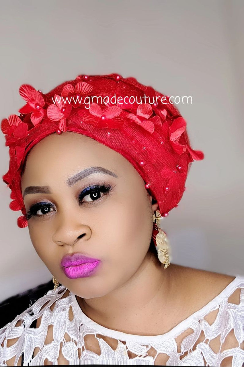 Celebrant Velvet Turban Cap/Headwrap with Fringe 3D Lace Fabric and glitters