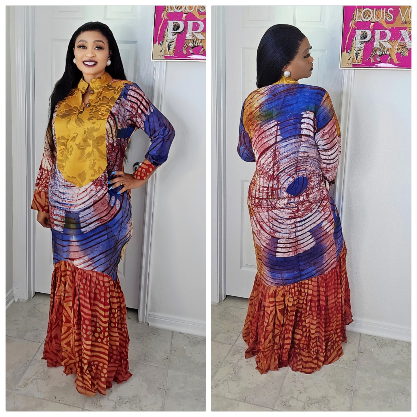 OBIM Adire+ Chiffon+Brocade Neck Design Patched Slim Bubu Dress