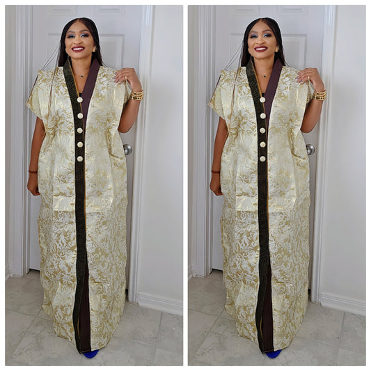European Rich Aunty Luxurious Brocade Agbada Bubu Maxi Dress Kaftan Dress  With A Contrast  Neck line and Matching scarf !