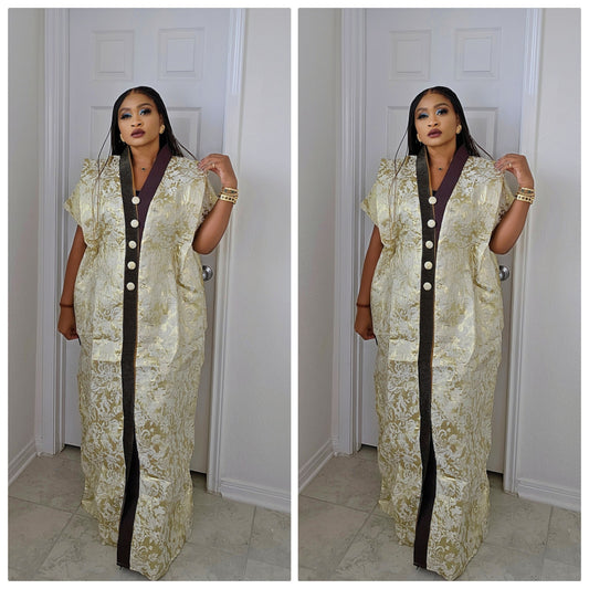 European Rich Aunty Luxurious Brocade Agbada Bubu Maxi Dress Kaftan Dress  With A Contrast  Neck line and Matching scarf !