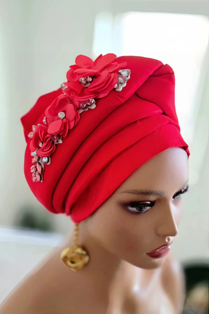 READY TO WEAR TAFETTA TURBAN GELE CAP WITH KNOT UP-DO EMBELLISHED WITH RHINESTONES AND ROSE PETALS