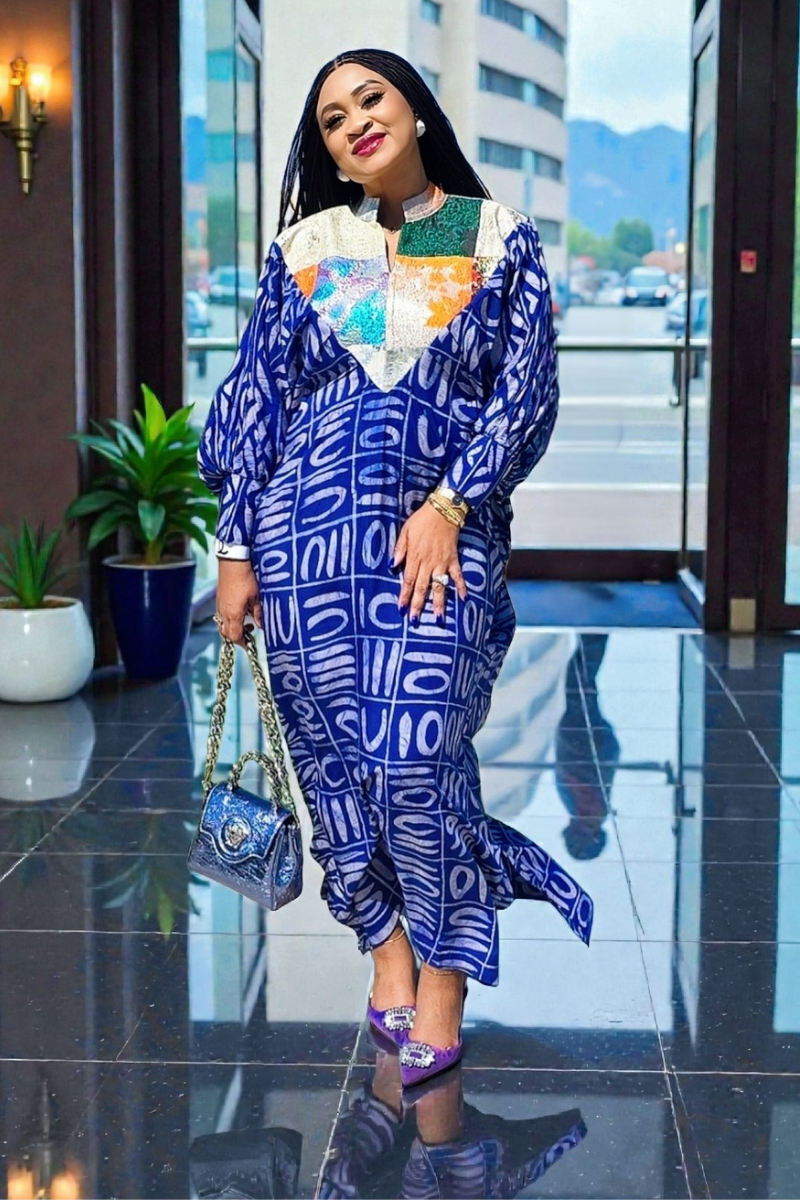 OBIM Adire+ Chiffon+Patched Brocade Neck Design Patched Bubu Dress