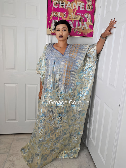 High Quality European Damask Brocade Cupion Agbada  Rich Aunty Luxurious  Agbada Bubu Maxi Dress Kaftan Dress fully embroidered with Matching Scarf