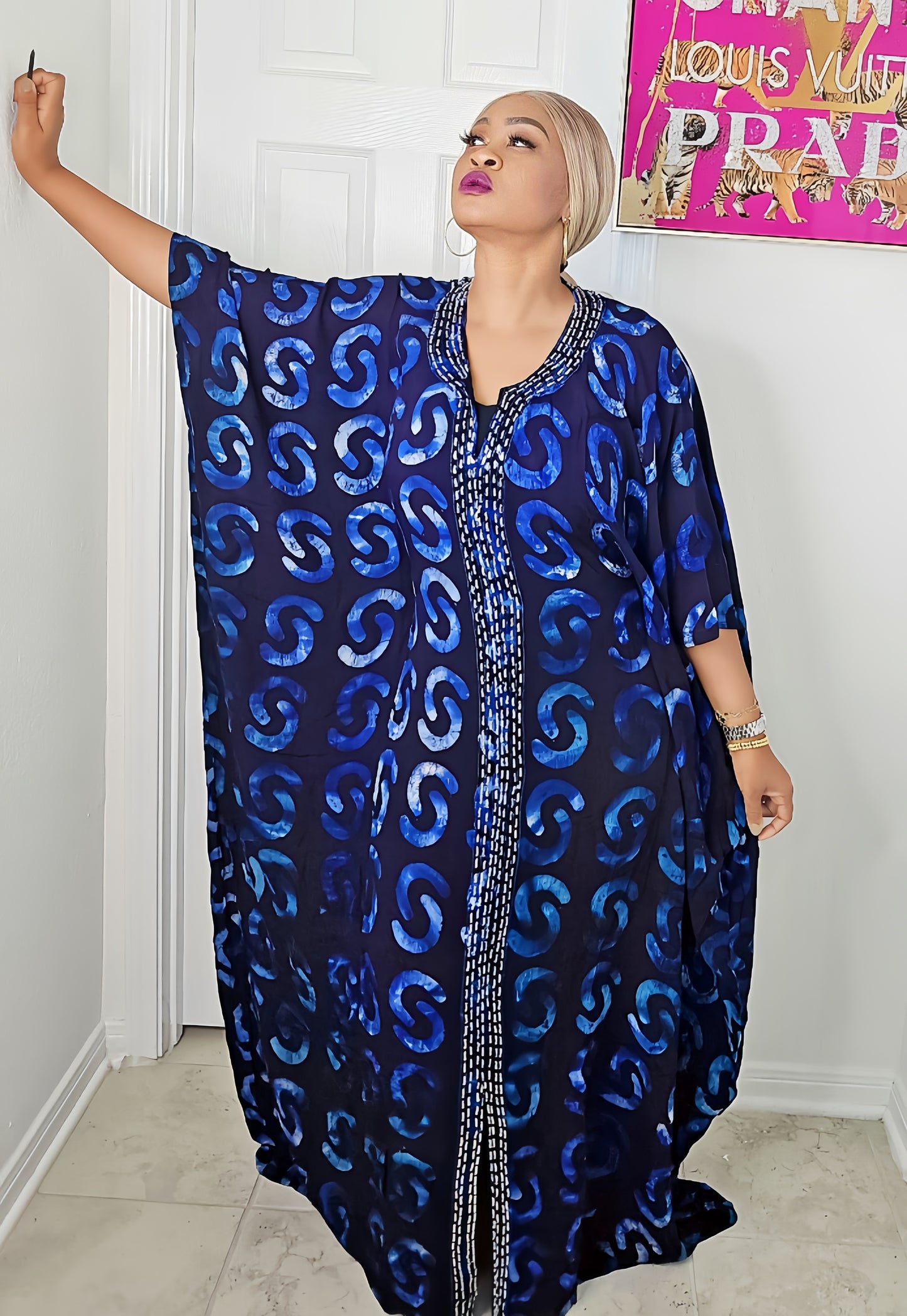 Obim Embellished Beaded Adire Chiffon Bubu Kaftan - Flowing Design with Bold Beadwork