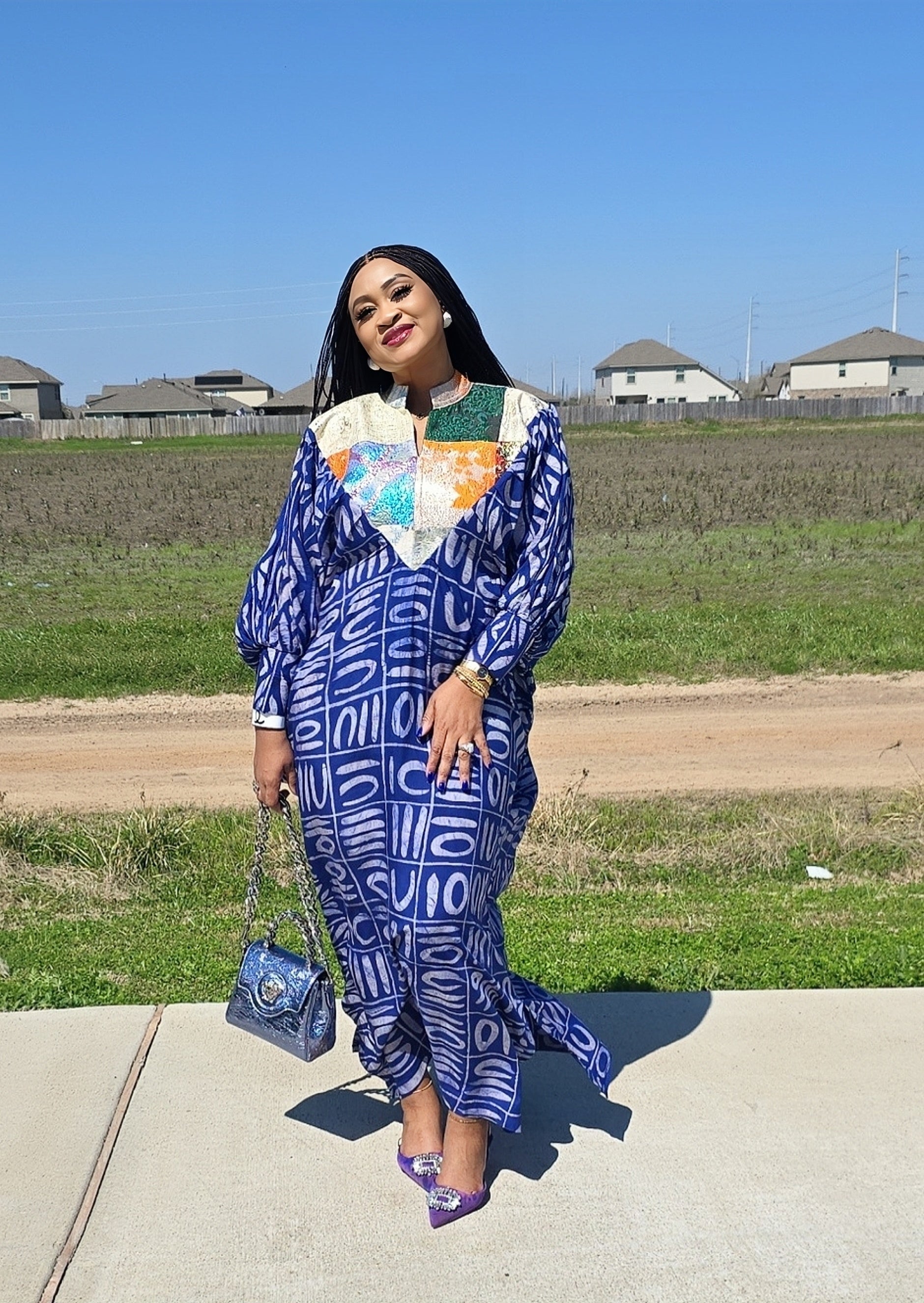 OBIM Adire+ Chiffon+Patched Brocade Neck Design Patched Bubu Dress