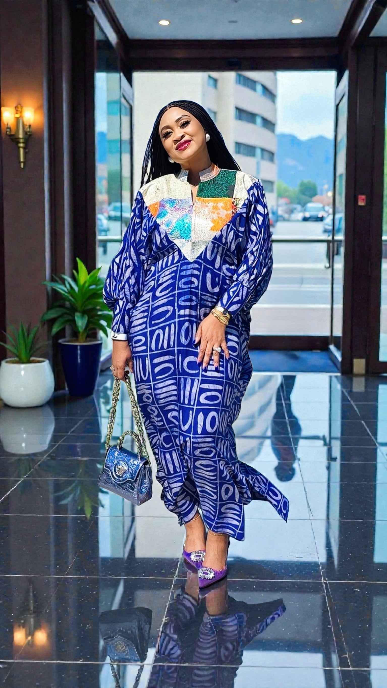 OBIM Adire+ Chiffon+Patched Brocade Neck Design Patched Bubu Dress