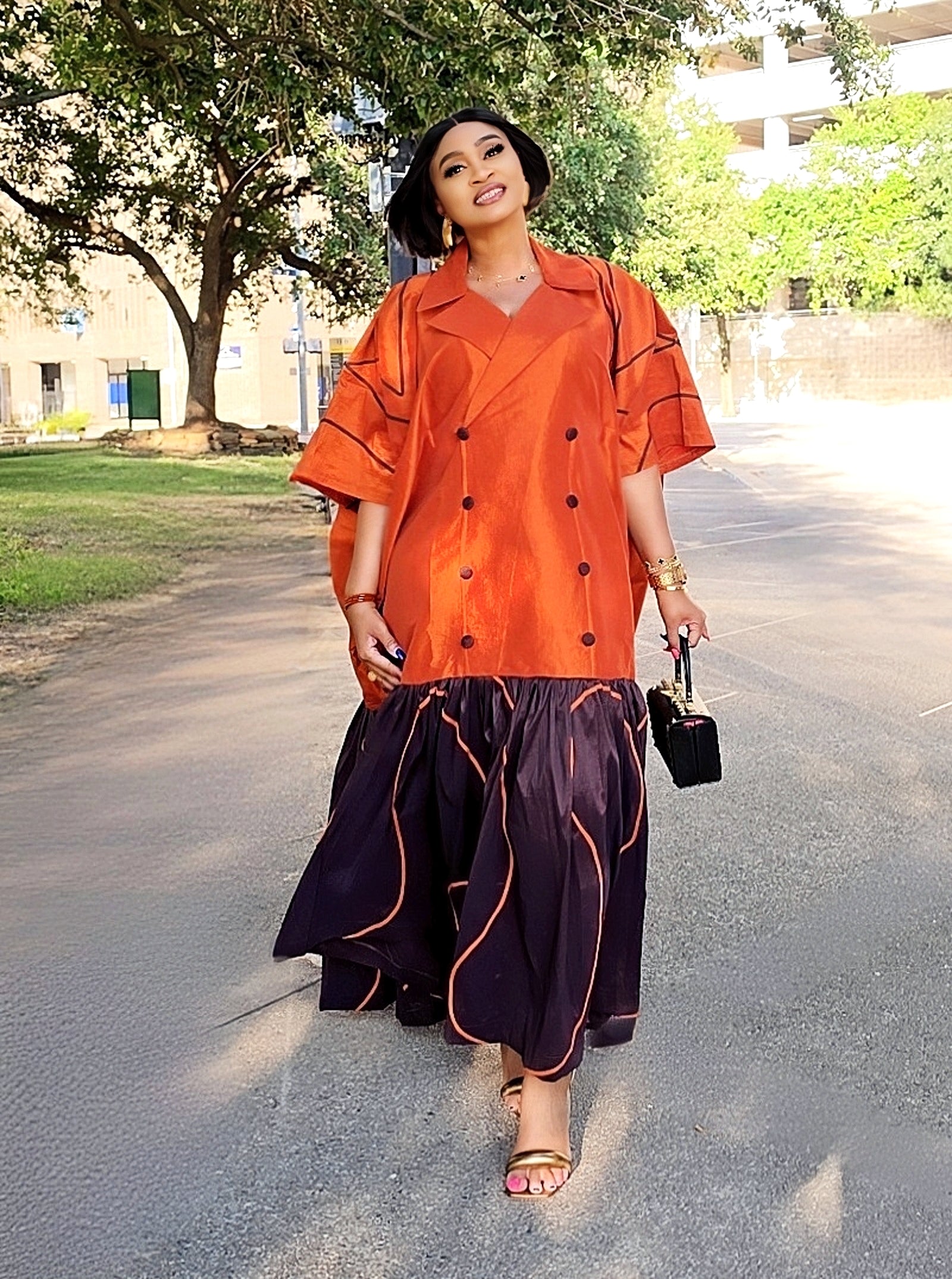 The Executive Lapel Bubu Dress -Burnt Orange × Espresso