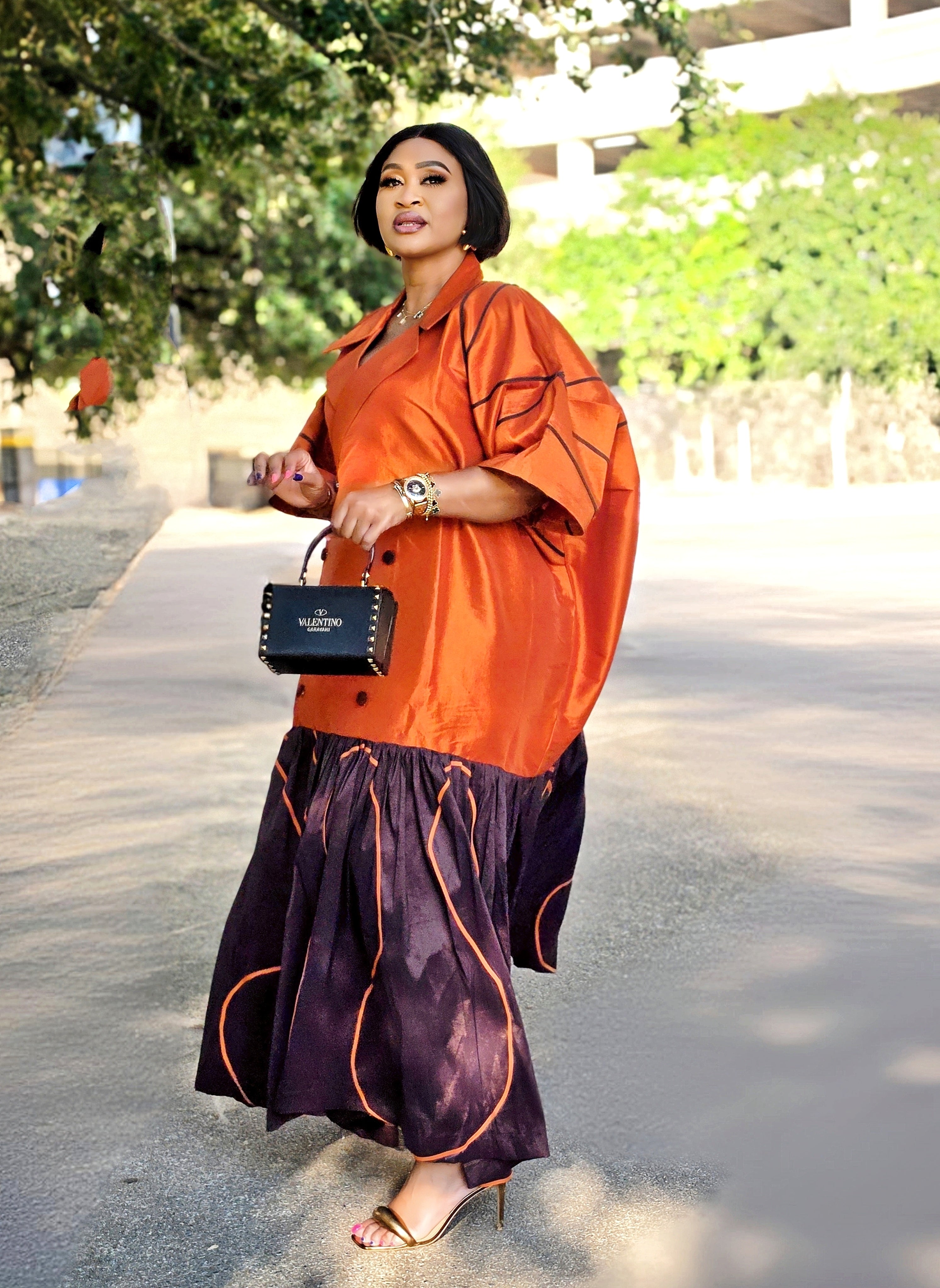 The Executive Lapel Bubu Dress -Burnt Orange × Espresso