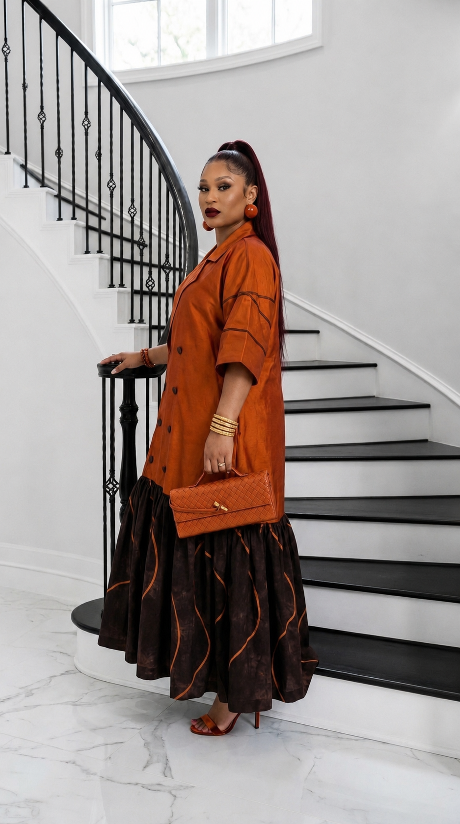 The Executive Lapel Bubu Dress -Burnt Orange × Espresso