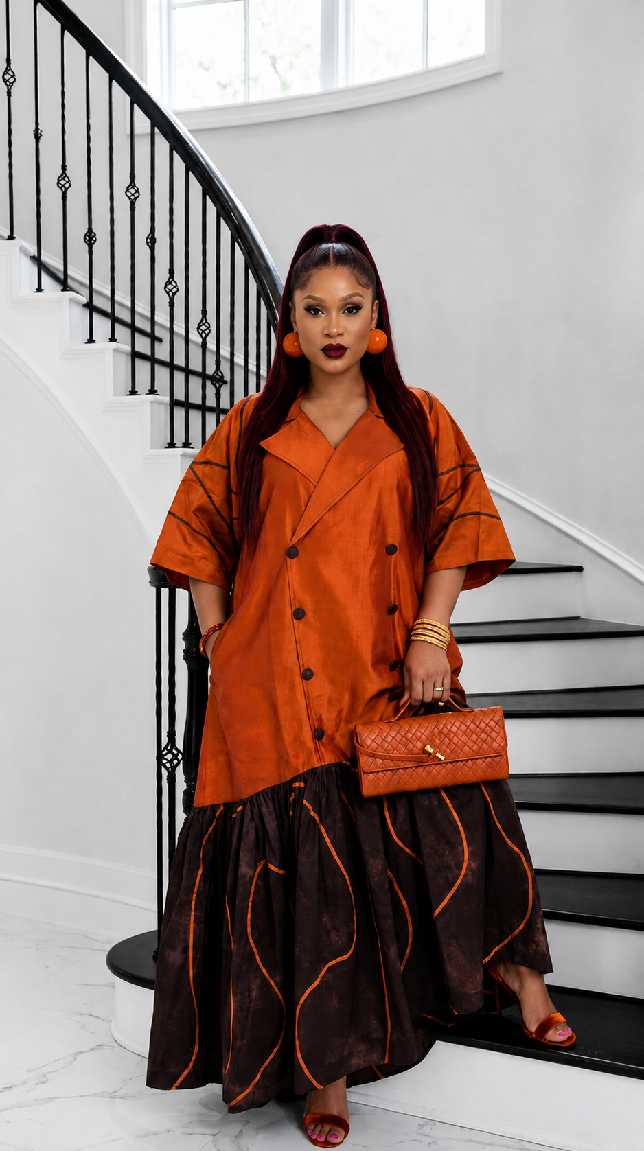 The Executive Lapel Bubu Dress -Burnt Orange × Espresso
