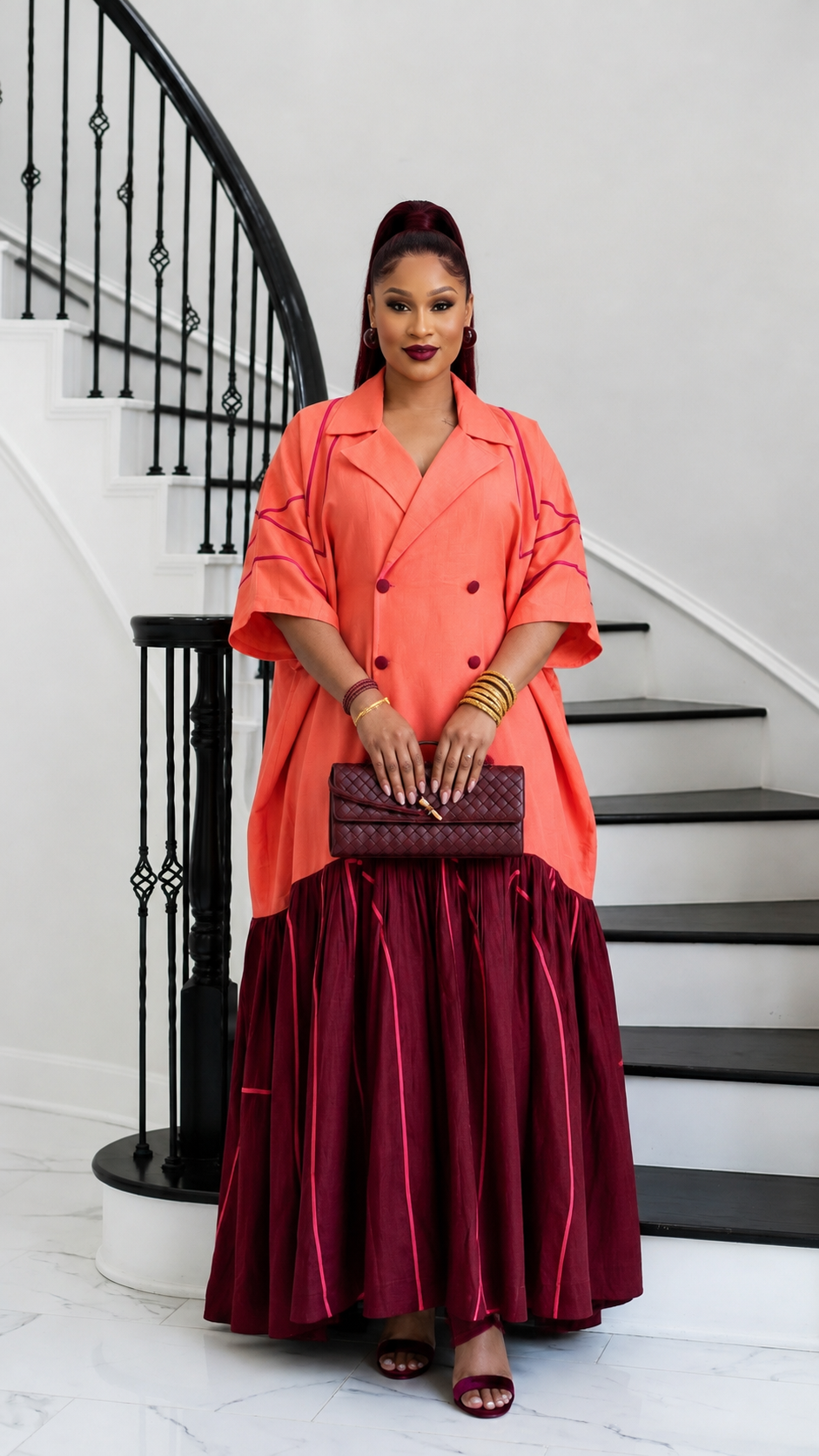 The Executive Lapel Bubu Dress - Coral × Deep Burgundy