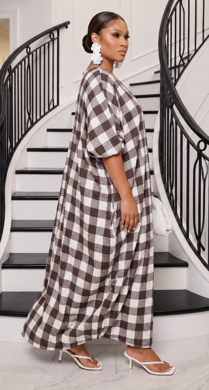 The Mila Gingham Linen Maxi Dress - Brown