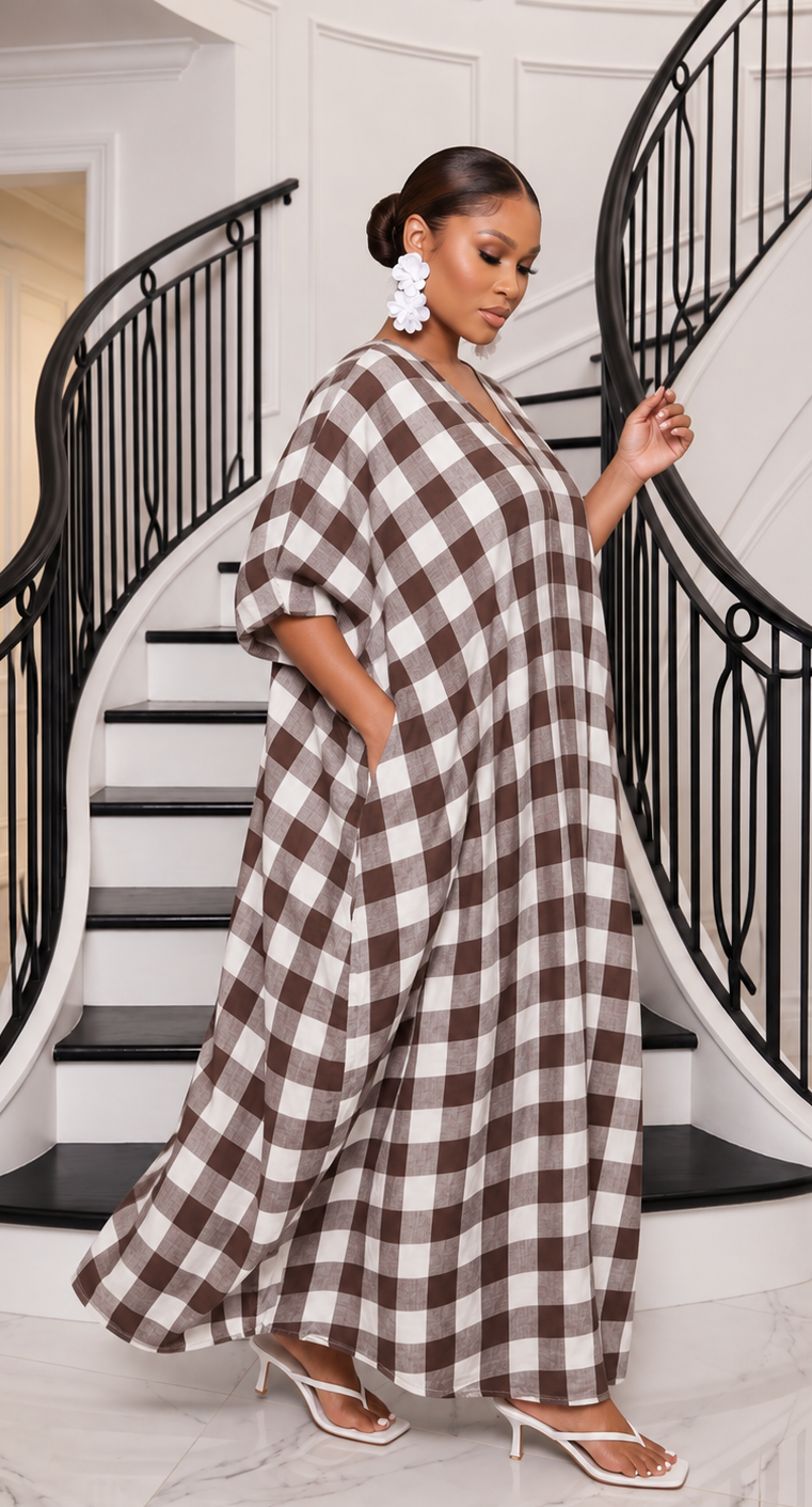 The Mila Gingham Linen Maxi Dress - Brown