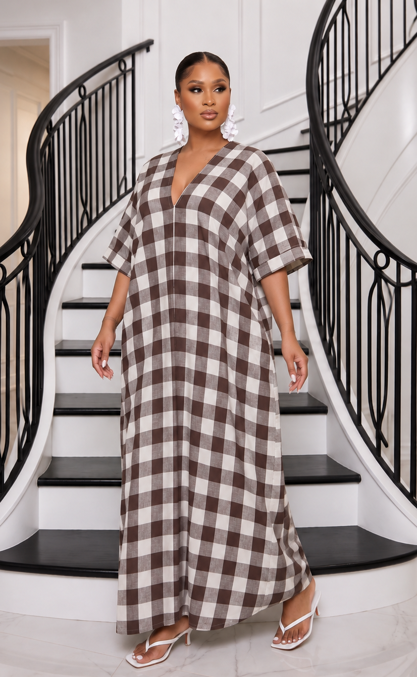 The Mila Gingham Linen Maxi Dress - Brown