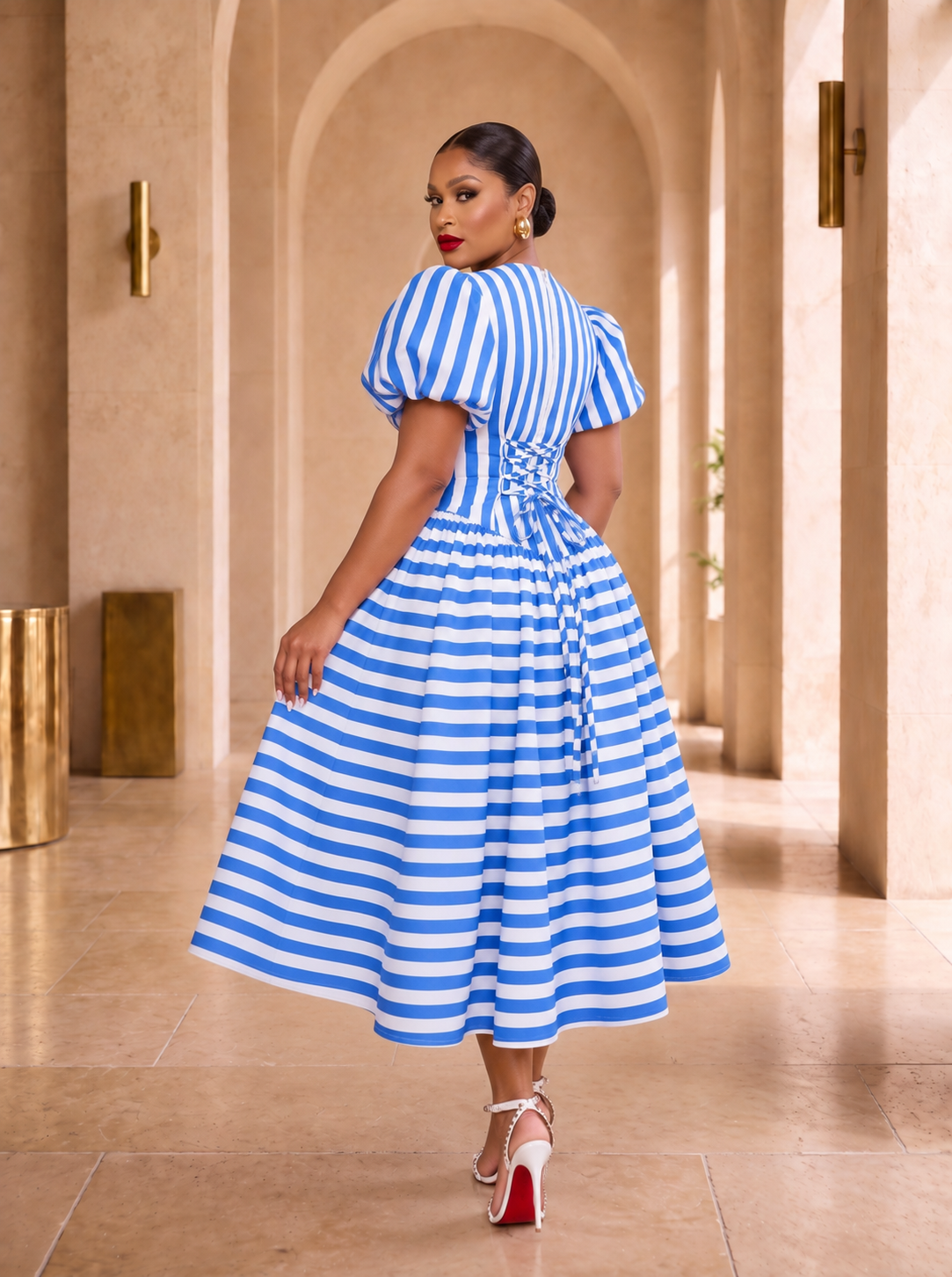 The Amour Striped Corset Midi Dress- Blue