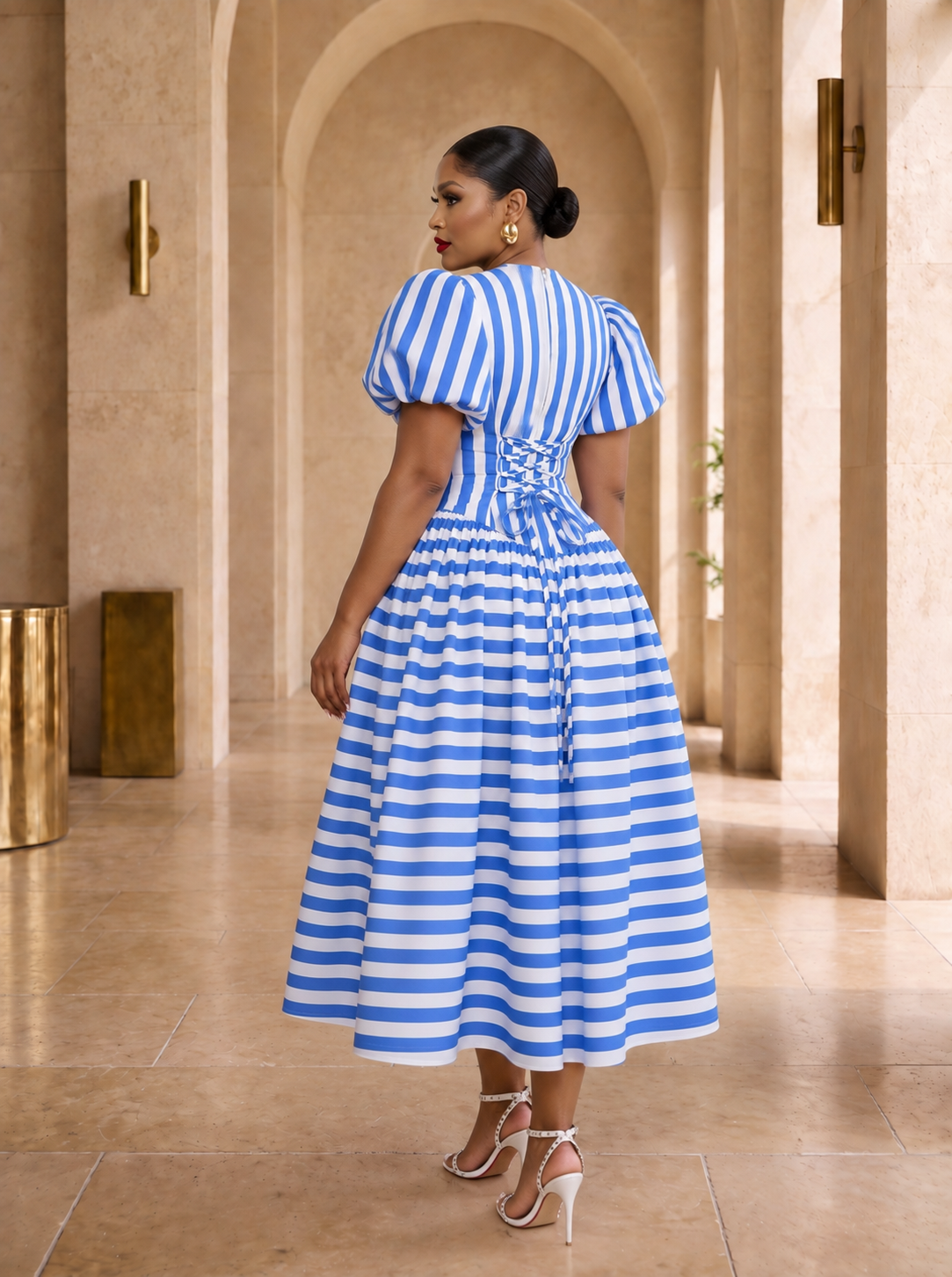 The Amour Striped Corset Midi Dress- Blue