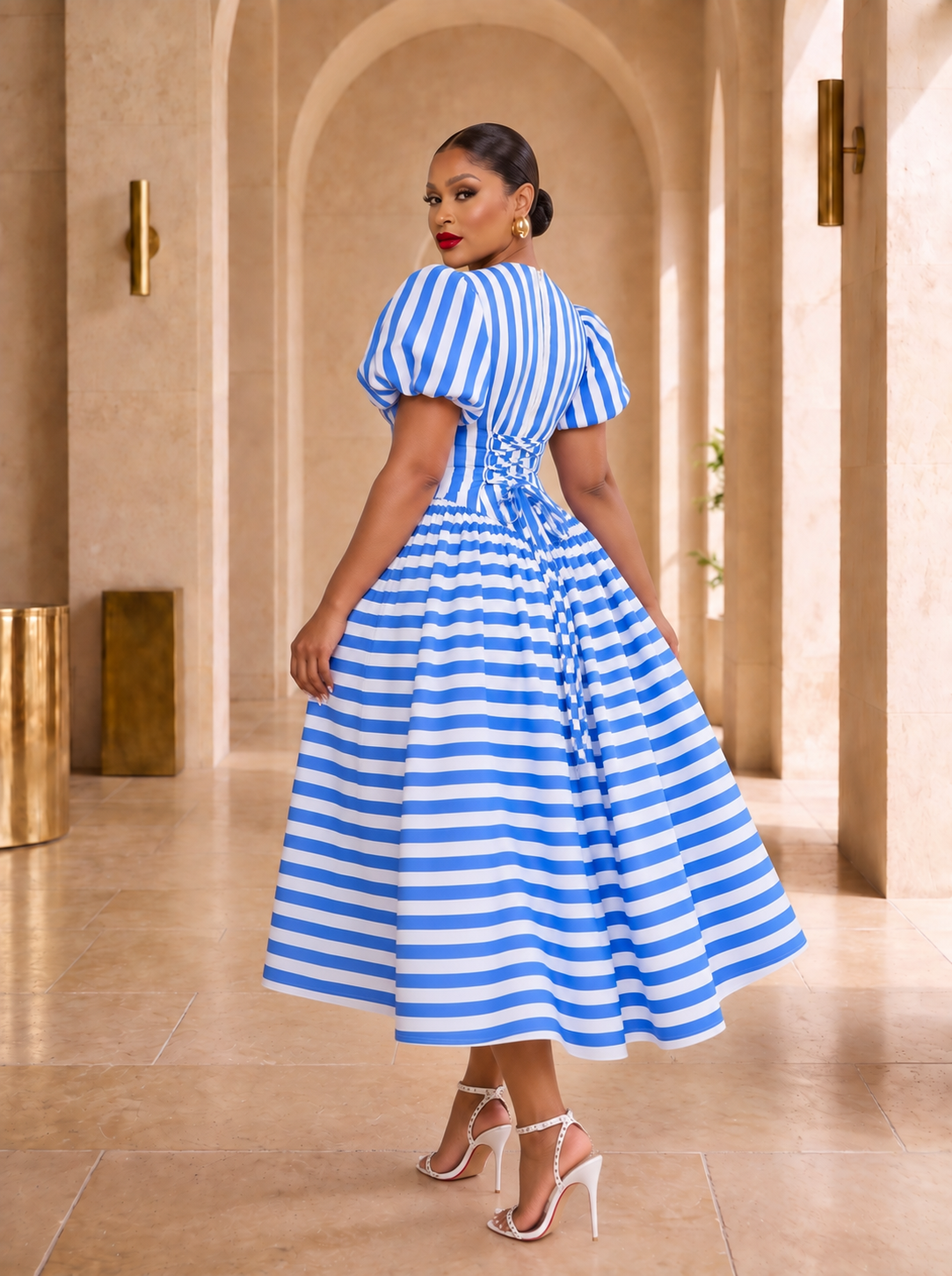 The Amour Striped Corset Midi Dress- Blue