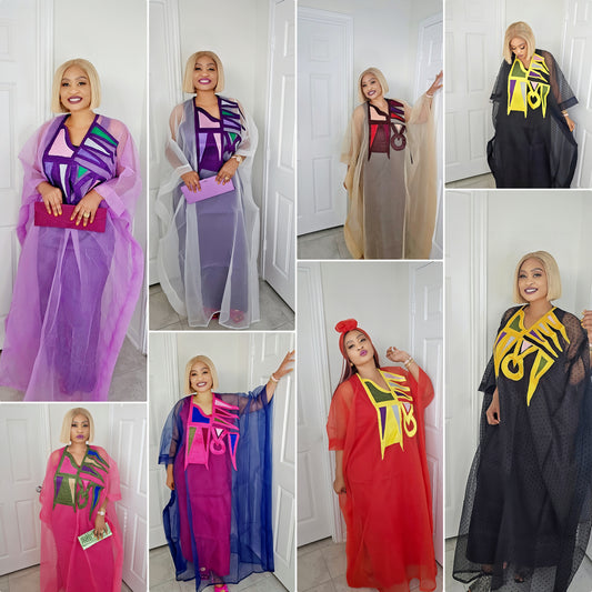 Rich Aunty Chifon Sheer Bubu With Embroidered Luxe + Free Scarf (One Size)