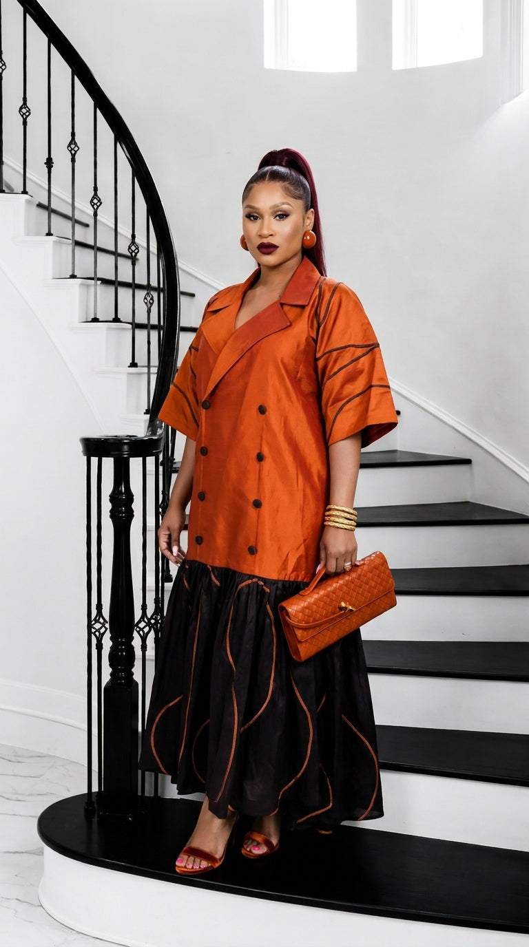 The Executive Lapel Bubu Dress -Burnt Orange × Espresso