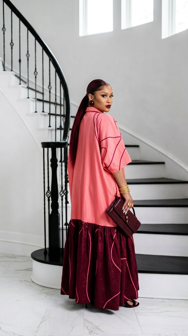 The Executive Lapel Bubu Dress - Coral × Deep Burgundy